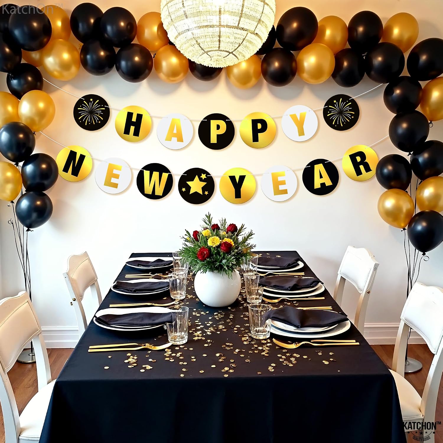 KatchOn, Shiny Happy New Year Banner 2026 - 10 Feet, Pre - Strung | Happy New Year Backdrop, Happy New Years Decorations 2026 | New Years Eve Banner, New Years Eve Party Supplies 2026 | NYE Decorations 2026