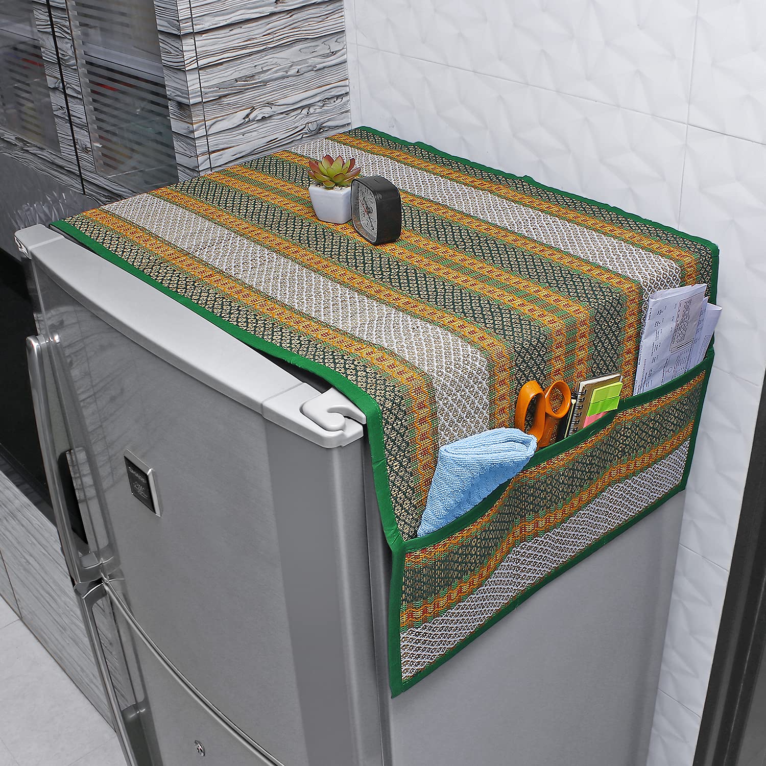 HOKIPO Eco-Friendly Handcrafted Madurkathi Fridge Cover Top with Pockets, 21x52 inches, Green