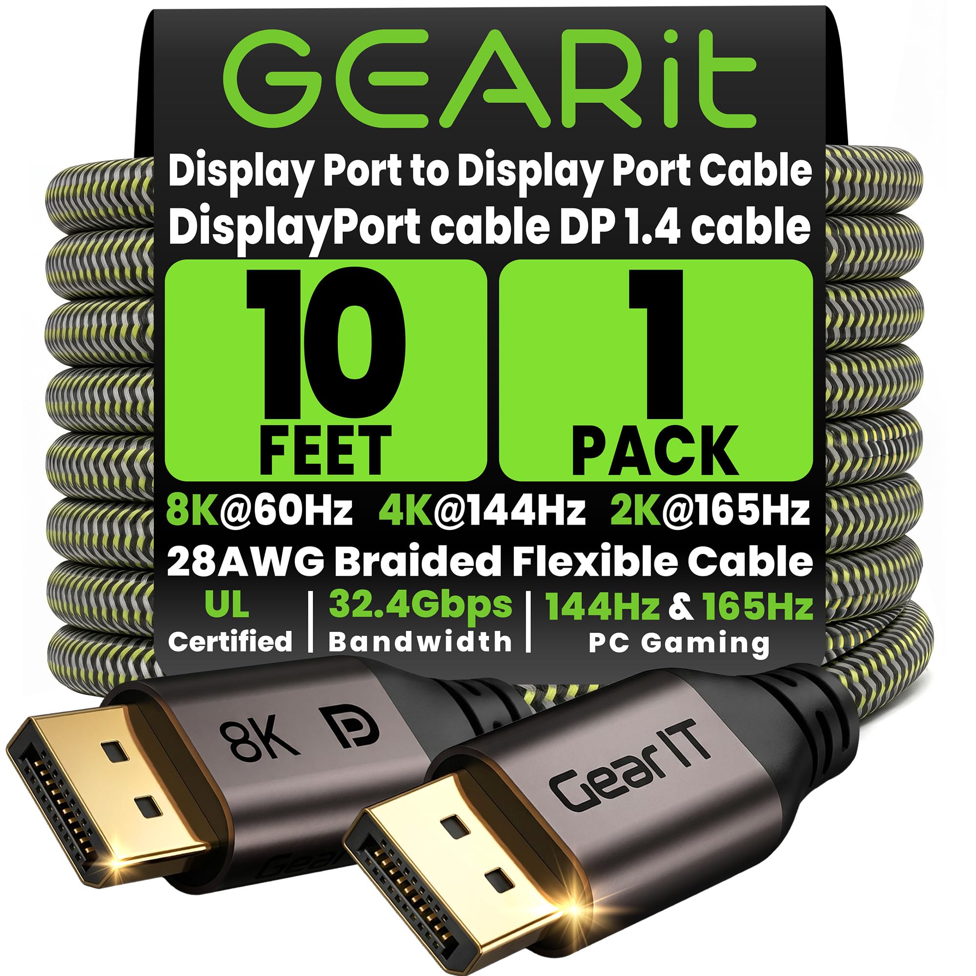 Cable DisplayPort 1.4 de 10 pies para monitores con resolución 8K y alta tasa de refresco de 144Hz 8