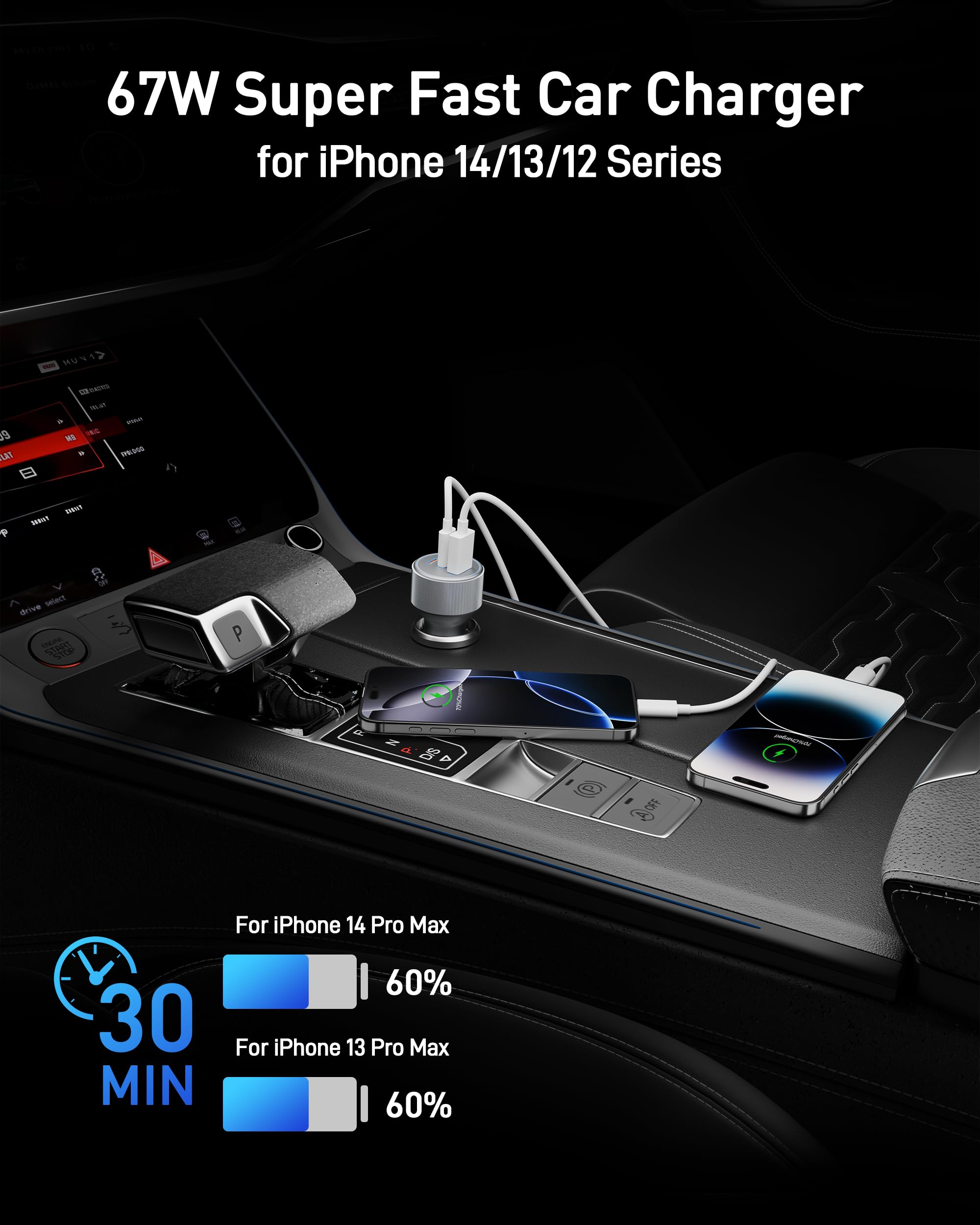 [MFi Certified] iPhone Fast Car Charger, 3-Port 67W USB C Car Charger Super Fast Charging Cigarette Lighter Adapter with 3FT USB-C to Lightning Cable for iPhone 14/13/12/11/Pro Max/XS/XR/X/SE, iPad