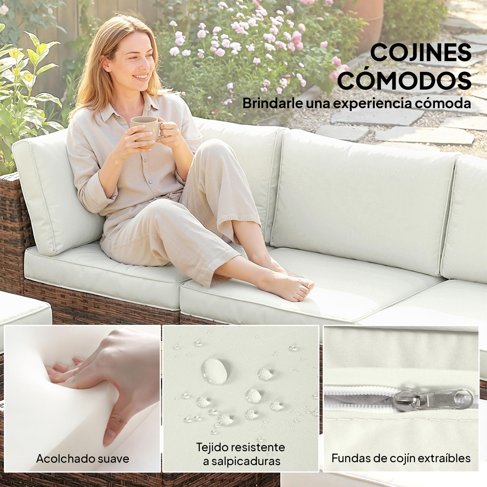 Outsunny Conjunto de Jardín de Ratán de 6 Piezas, Conjunto Terraza Resistente, Muebles Jardín Exterior Incluye Cojines, 4 Módulos de Asiento, 1 Sofá Esquinero y Mesa Centro de Vidrio, Marrón Mixto