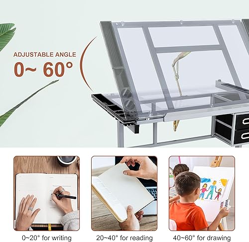 Miniatura 6 de LEMY Mesa de dibujo ajustable inclinable, escritorio de dibujo para artistas con cajones de almacenamiento y ruedas deslizantes, estación de