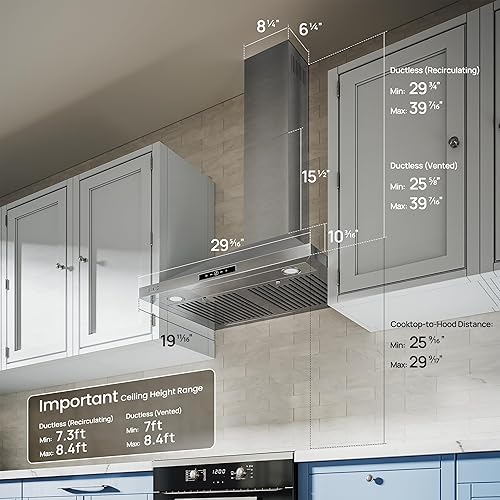 Miniatura 8 de Campana extractora de montaje en pared de 30 pulgadas, 580 CFM, convertible con conductossin conductos, campana de ventilación de cocina de acero