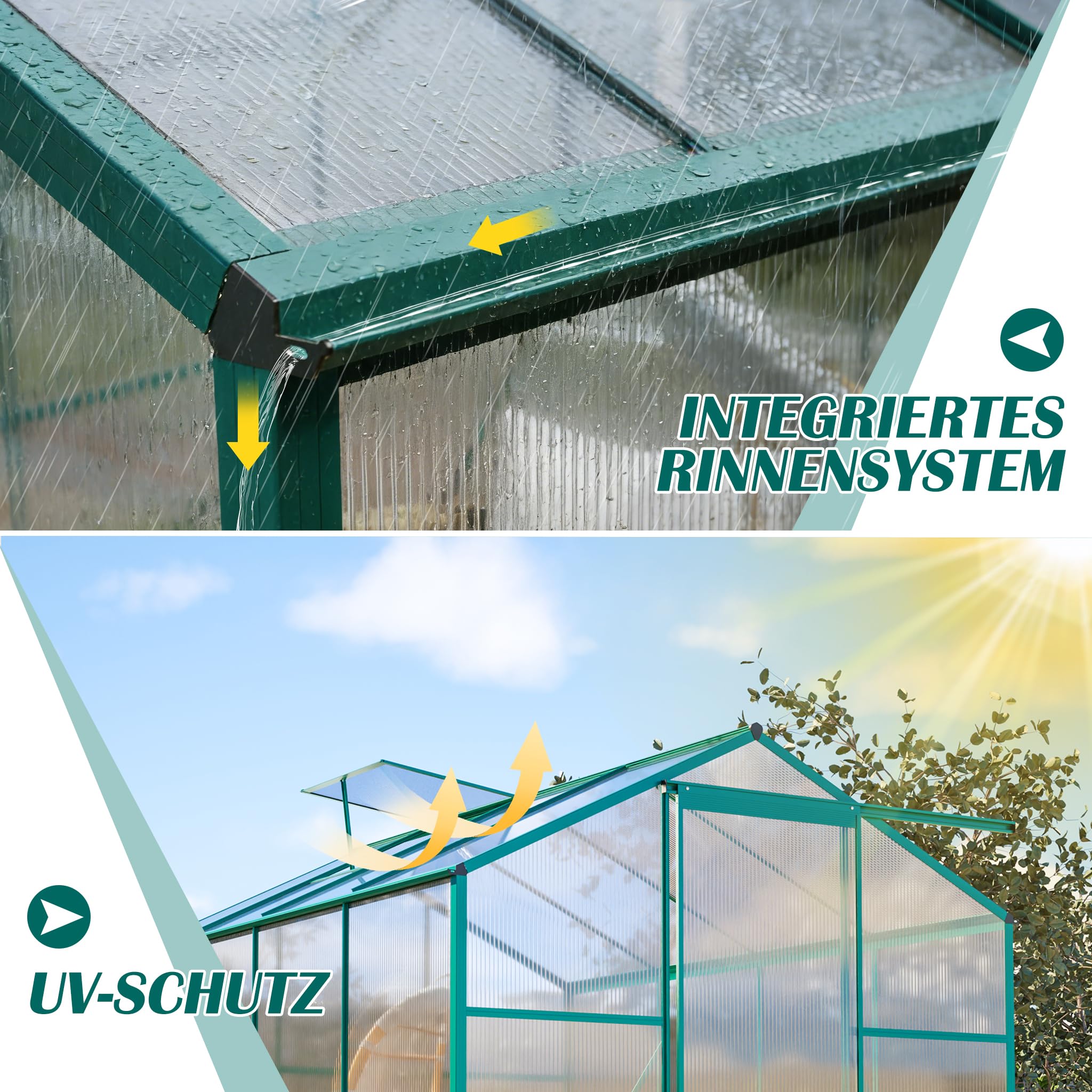 Gewächshaus 254×189×155cm Stabil und Sturmfest Transparente Polycarbonatplatte Wintergarten, Zimmergewächshaus für Verstellbarer Dachlüfter mit 4 Winkeln, Witterungsbeständigkeit Frühbeet,Tomatendach