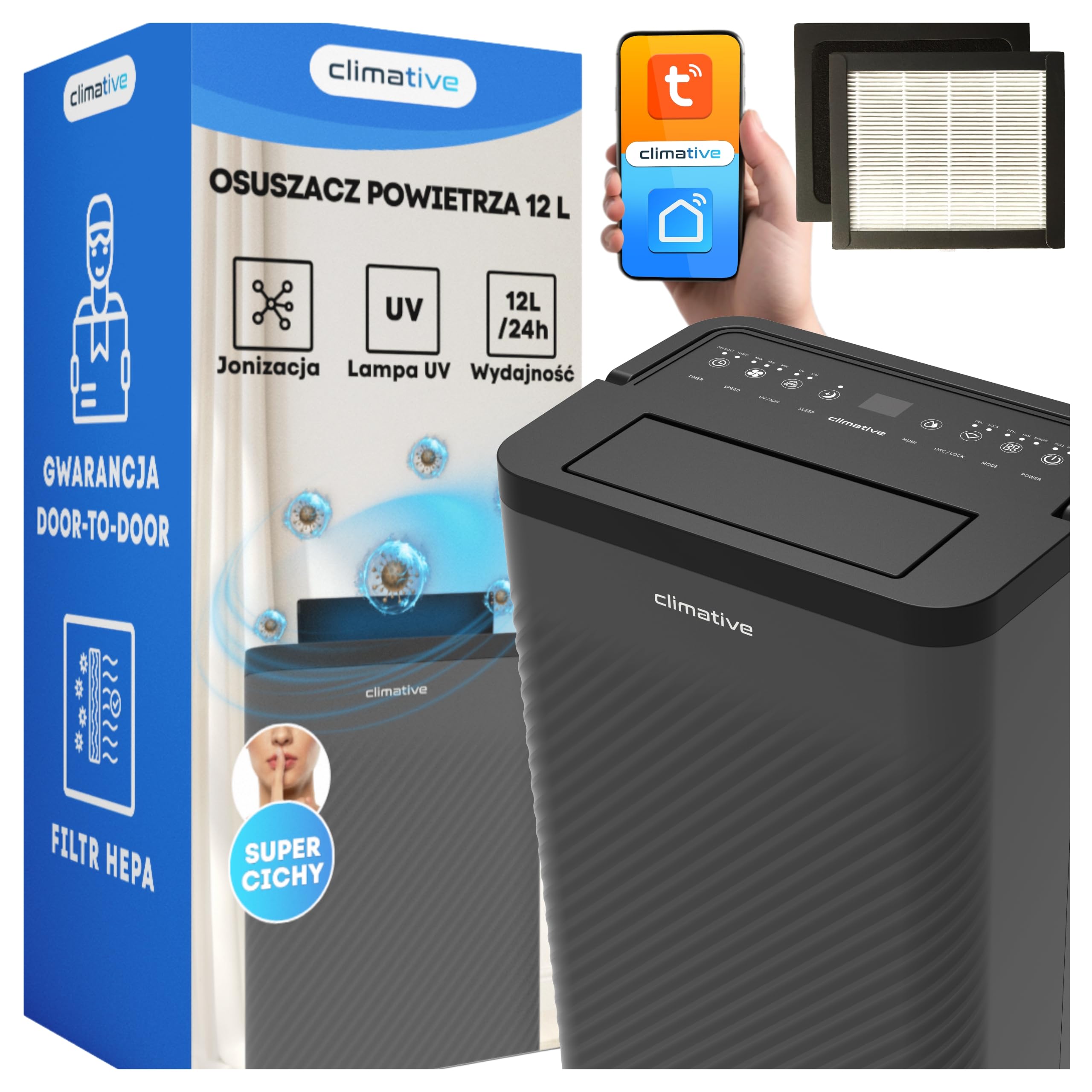 elektryczny osuszacz powietrza 12 l/24 h z filtrem HEPA i węglowym, WiFi Smart Home, oczyszczacz powietrza Nexi ION UV, osuszacz powietrza do domu, mieszkania, łazienki i salonu do 20 m²