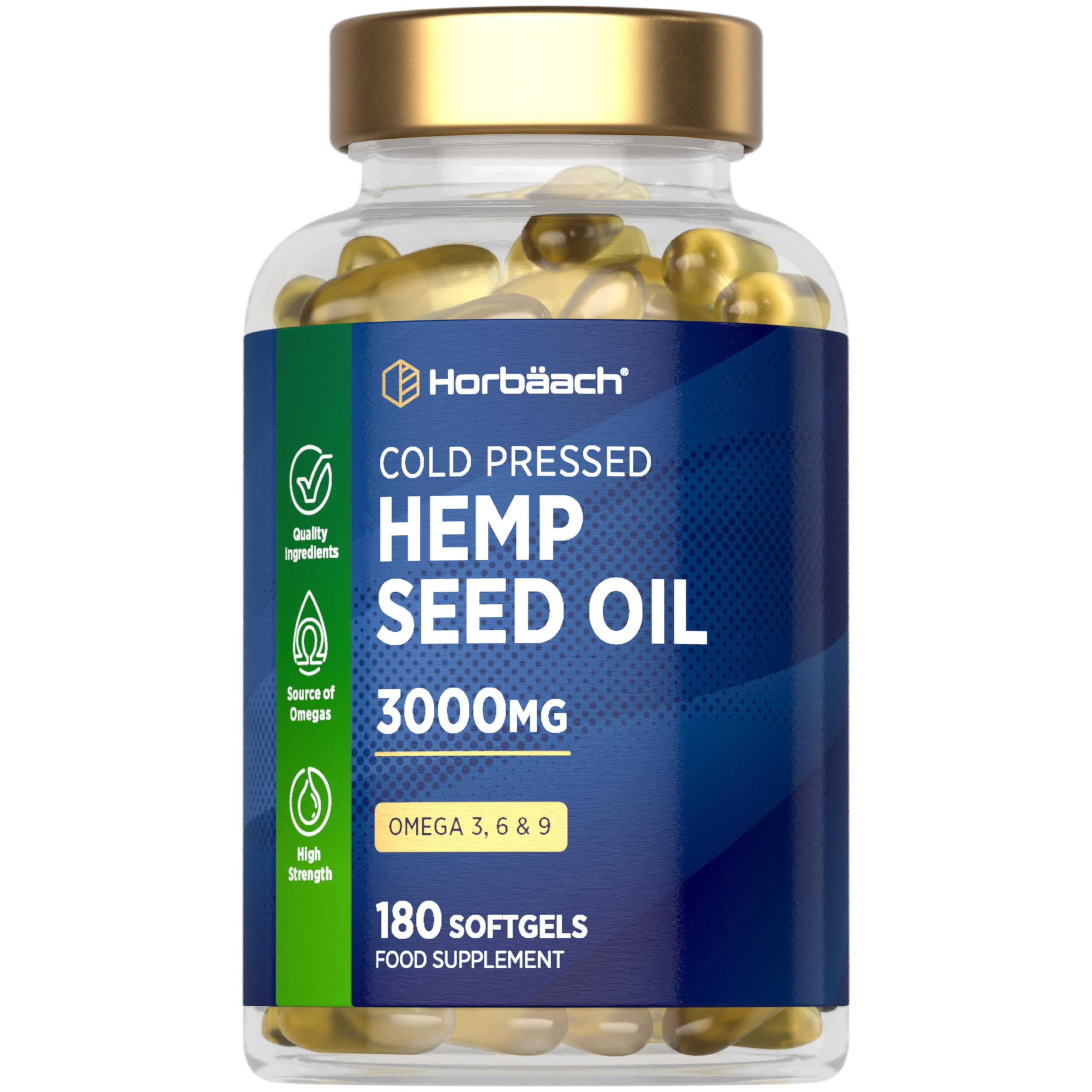 Hemp Seed Oil Capsules High Strength | 180 Softgels | 3000mg | Cold Pressed Supplement with Omega 3 6 and 9 | by Horbaach
