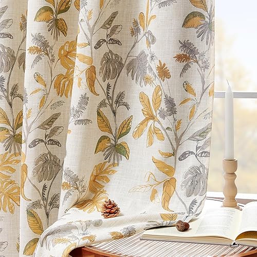 jinchan Cortinas 100% opacas para dormitorio, cortinas de lino de 84 pulgadas de largo, estampado de hojas amarillas tropicales, tratamiento