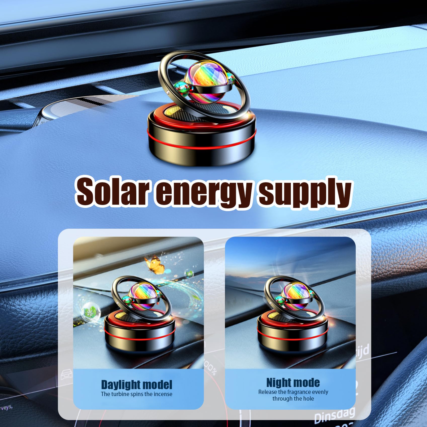 Aromaterapia Solare Rotante|Diffusore Solare per Aromaterapia per Auto Ornamenti per Cruscotto con 6 Tablet Aroma per Auto Veicolo Home Office Donna Uomo Nero