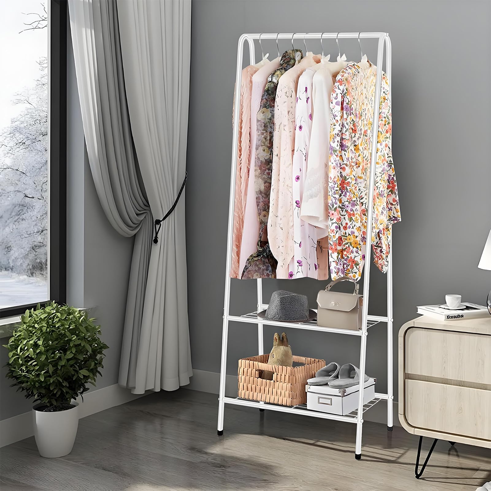 Kleiderständer Metall Garderobenständer mit Schuhablage 151 cm Hoch & 60 cm Breit Platzsparende Kleiderstange für Schlafzimmer Flur Kleiderständer Kleiderstange (Weiß)