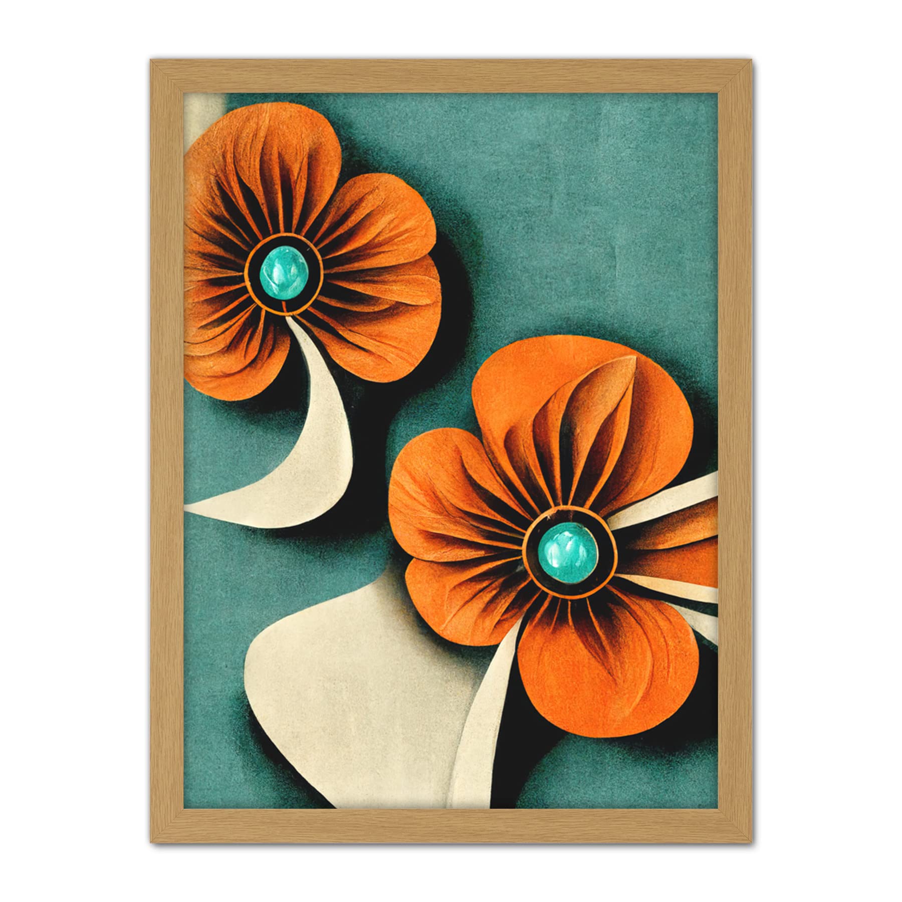 Doppelganger33 LTD Abstract Papercut Orange And Cream Flowers On Teal Artwork Framed Wall Art Print 18X24 Inch