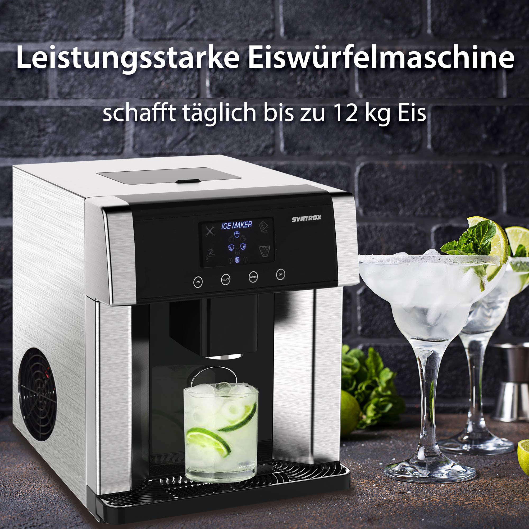 Syntrox Germany Digitaler Eiswürfelbereiter mit Eiswasserfunktion Eiswürfelmaschine IC-150W LCD Turku