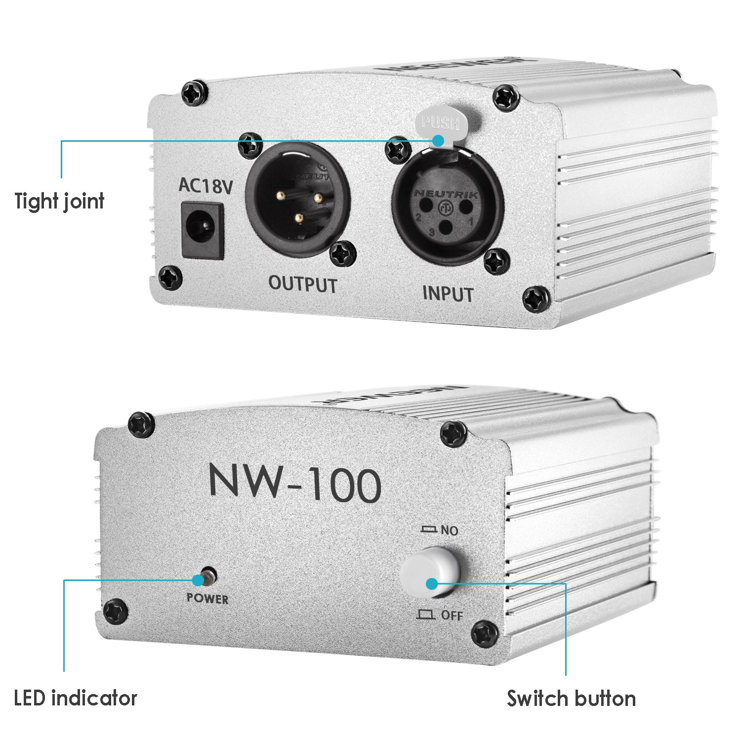Neewer 1-Canal 48 V Phantom Bloc d’Alimentation avec Adaptateur et câble Audio XLR pour Tout Microphone à condensateur, Musique et Studio d'enregistrement, argenté