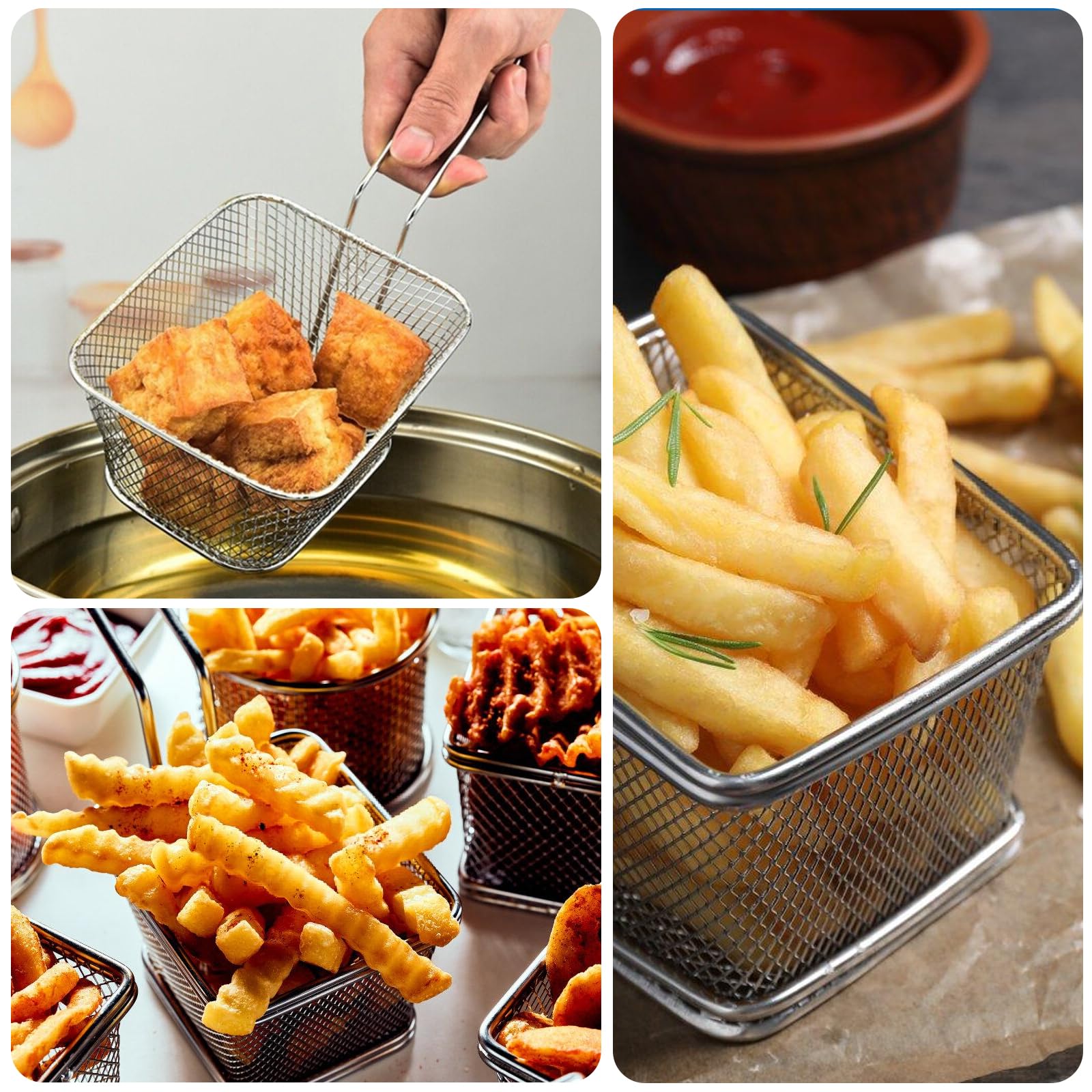 Lot de 12 paniers à frites : Petit panier à frites en acier inoxydable argenté avec anse - Panier à frites pour frites, frites, crevettes, rondelles d'oignon