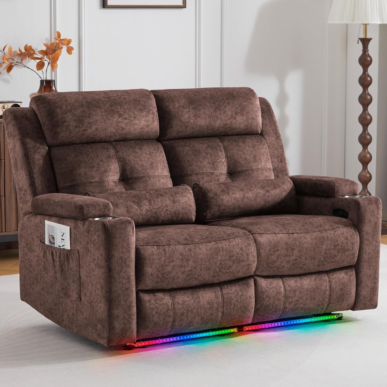Power Reclining Loveseat Sofa, Velvet Recliner Couch for Living Room, Home Theater Seating with LED Lights,RV Recliner Sofa with Storage Armrest(Loveseat, Brown)