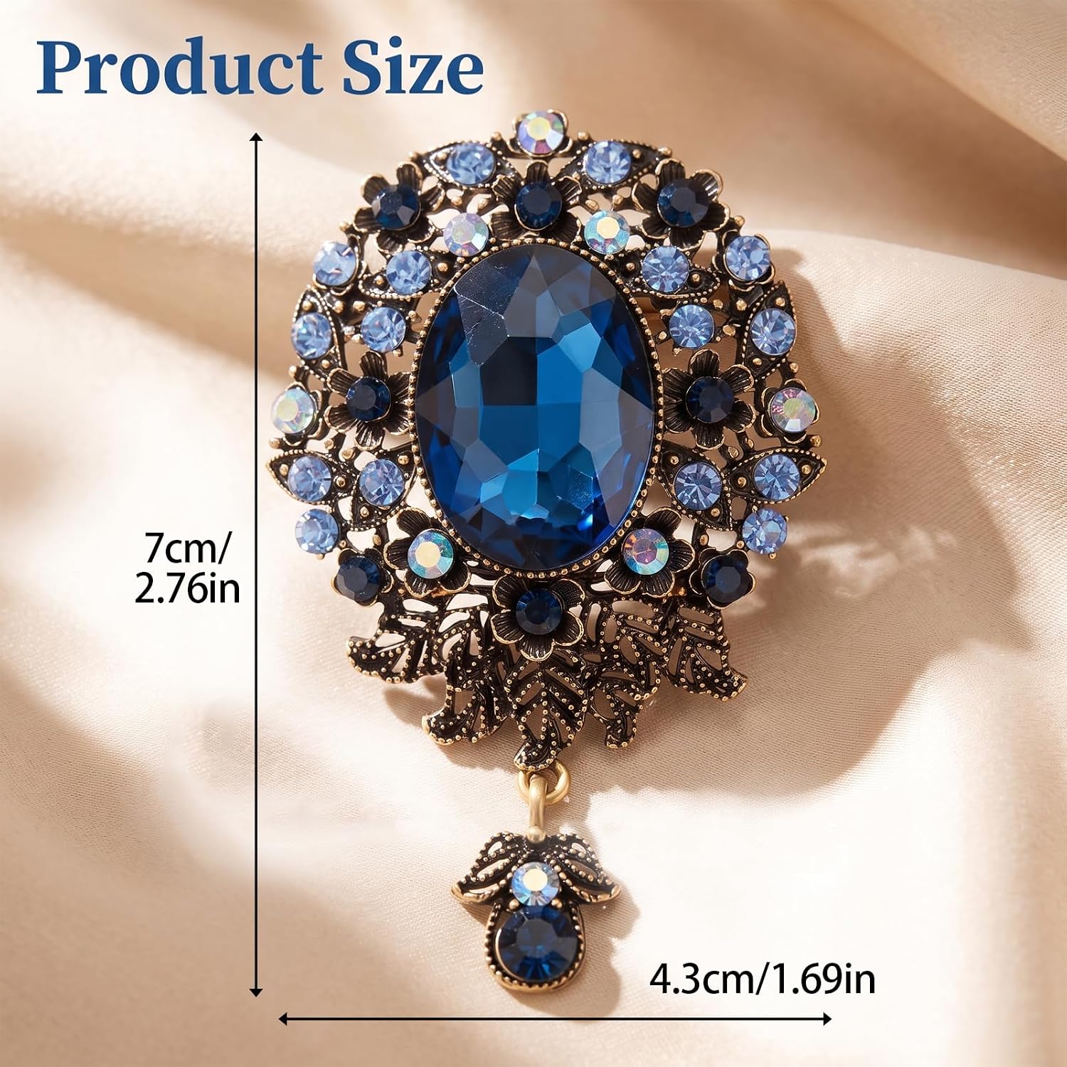 Vintage Rhinestone Brooch for Men Women, Blue Crystal Teardrop Brooch Pins