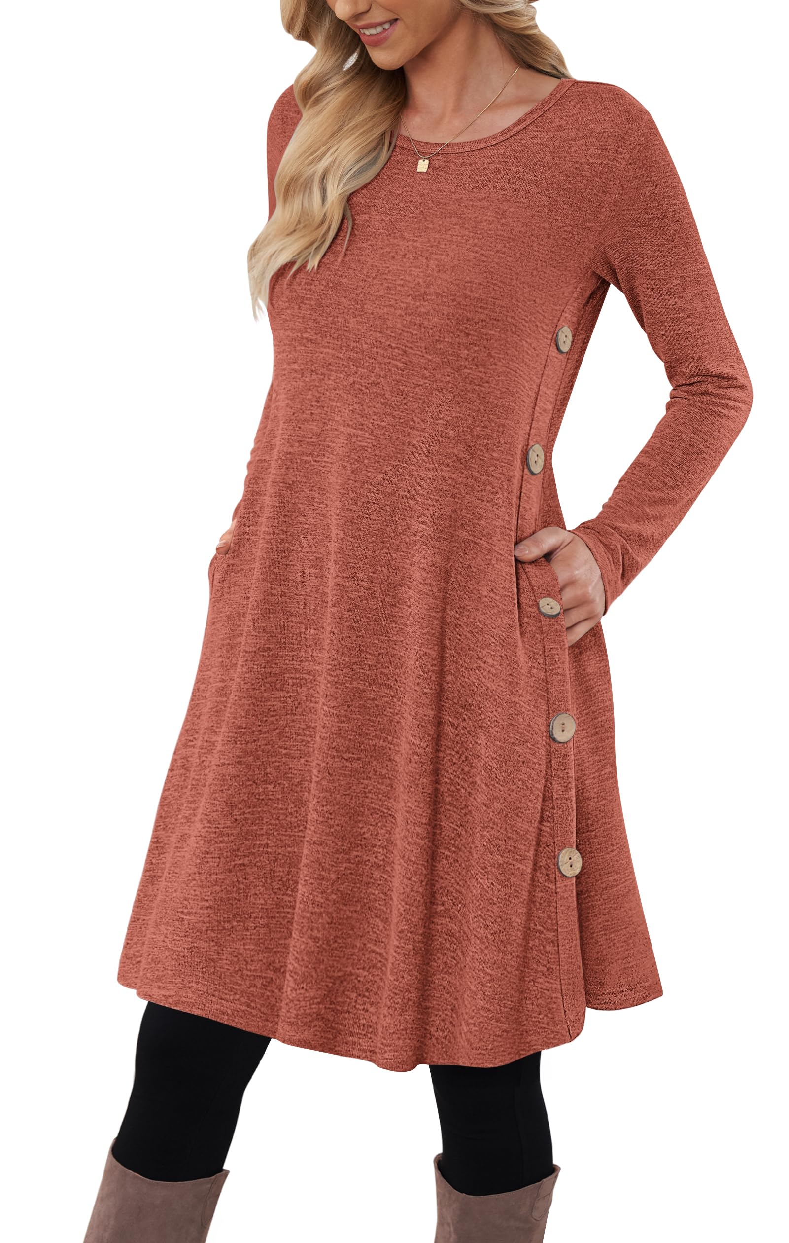 Molerani Women's Brick Red Jumper Dress For Long Sleeve Dress Button Casual Tunic Dress With Pockets Size 16-18 L