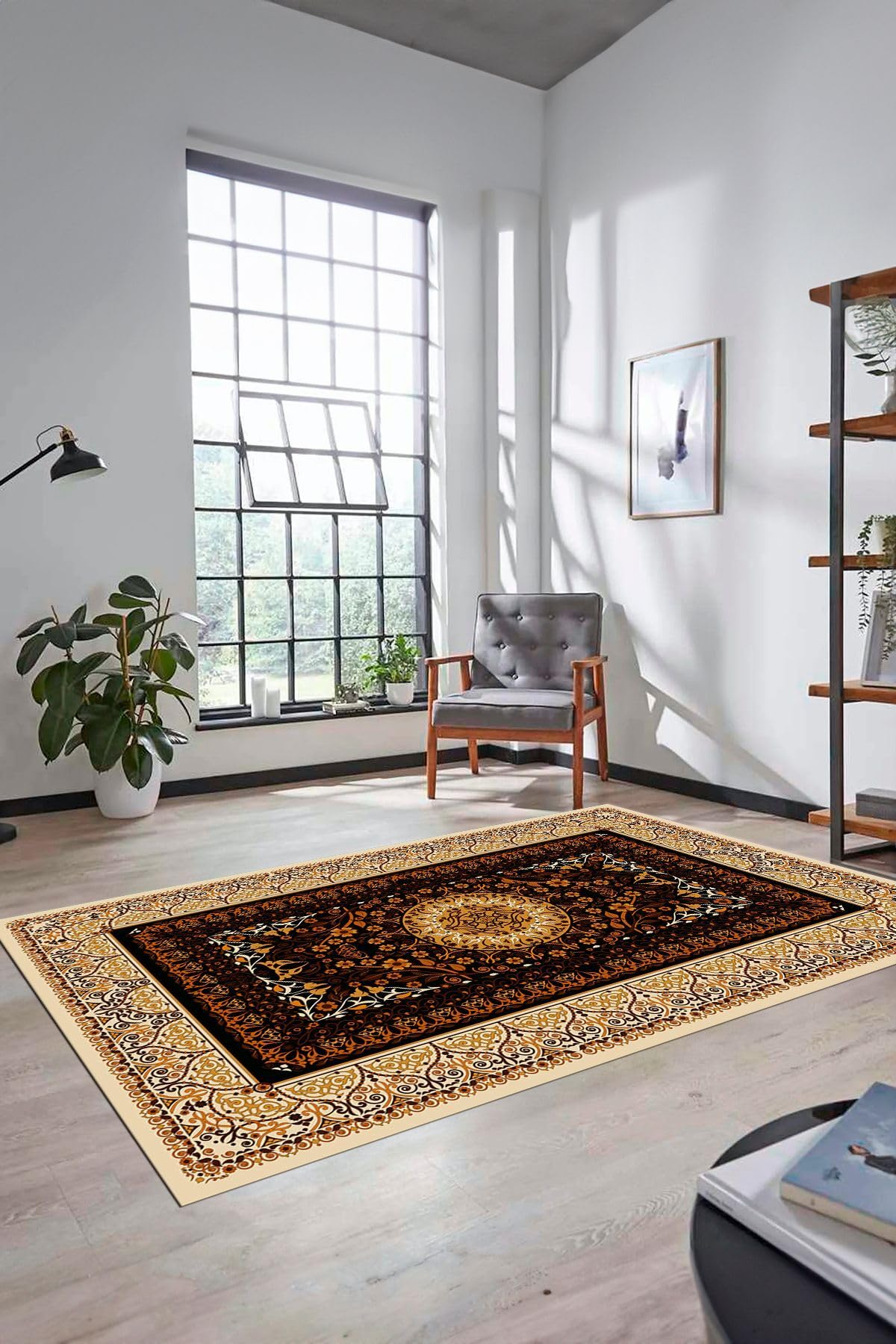 Evdeya Şık Klasik Desen Dijital Kaymaz Taban Yıkanabilir Yolluk Mutfak Salon Halısı KLASİK-14, Kahverengi, 100 x 250