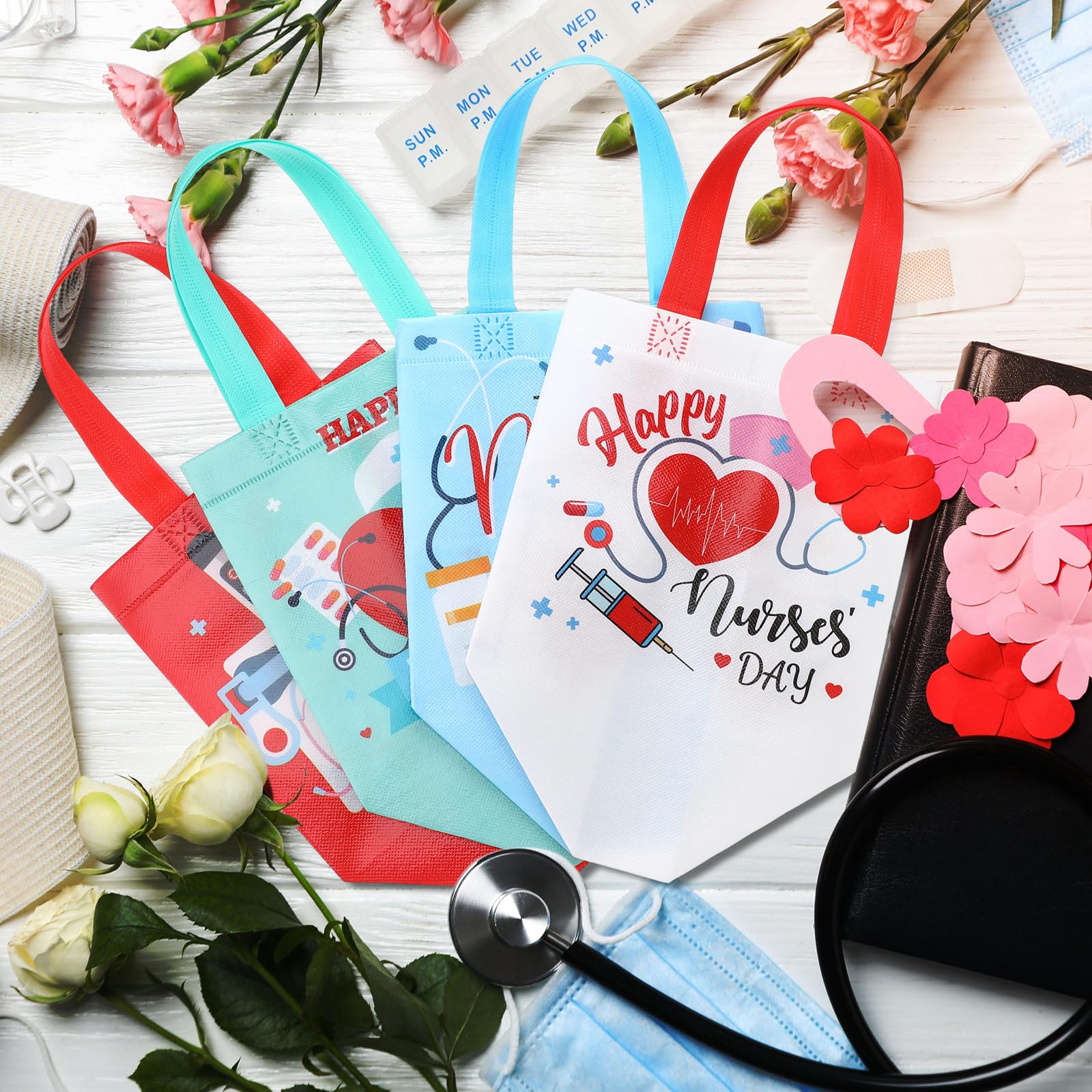 SiliFine 48 Pcs Nurse Appreciation Gifts Bags Thank You Nurses Non Woven Tote Medical Assistant Goodie Bags with Handles for Nurses' Day Party Supplies Graduation Decorations, 8 x 6 x 8 Inches