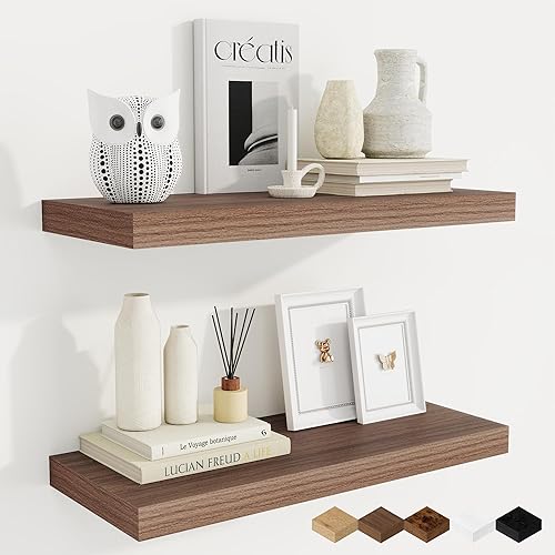 Miniatura 20 de Fun Memories Estantes flotantes para pared, estantes de pared de madera rústica de 24 pulgadas para baño, dormitorio, sala de estar, estantes Negro,