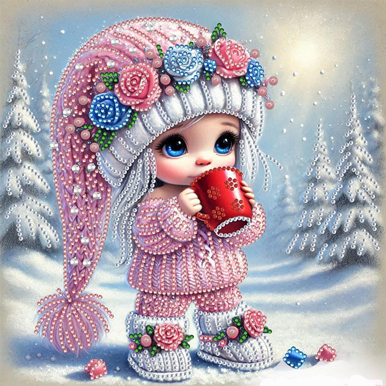 5D Special Shape Diamond Art Painting Kits for Adults – Crystal Rhinestone DIY Craft, Diamond Mosaic Kit for Beginners, Wall Decor Gift 11.8x11.8 Inch(Pink Snow Girl)