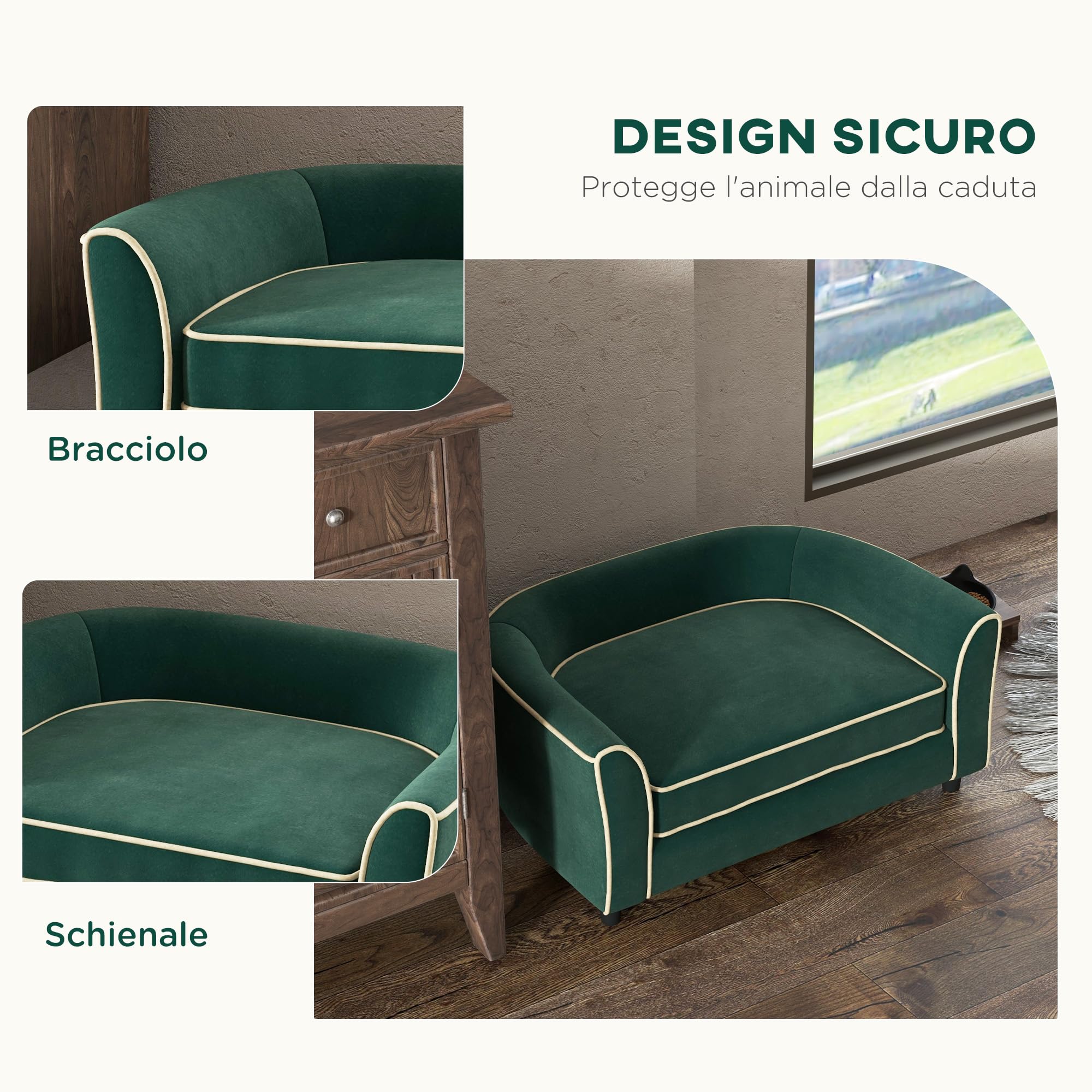 PawHut Divano per Cani Taglia Piccola e Media Elegante con Cuscino, Divanetto per Cani in Tessuto Effetto Velluto e Legno, 79x56x35 cm, Verde Scuro