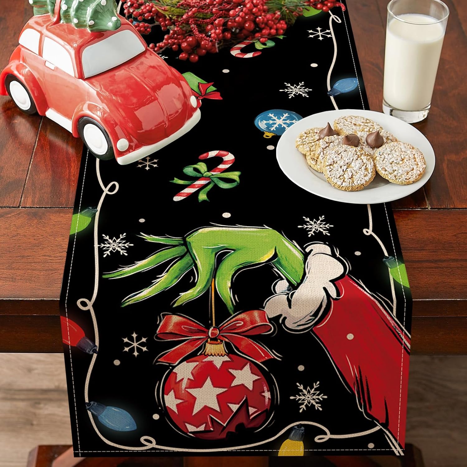Black Christmas Dining Table Runner, Funny Xmas Gift Ball Candy Cane Snowflake Burlap Kitchen Decor, Winter Holiday Home Decoration Indoor Outdoor Party Supply 13 x 72 Inches