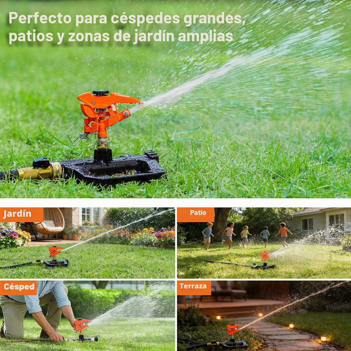 FANHAO Aspersor de Impacto de Resistencia para Jardín, Base 100% Metálica con Rotación 360°, Aspersor de Riego Giratorio Ajustable para Grandes Áreas, Que alcanza hasta 540 m²