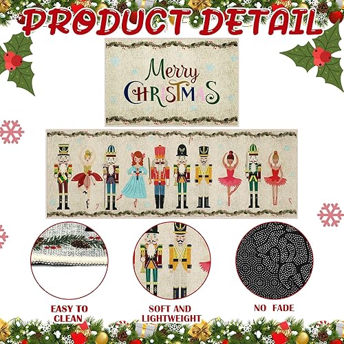 Miniatura 4 de Ceenna Juego de 2 tapetes decorativos de cascanueces de Navidad para cocina, Feliz Navidad, Felices Fiestas, lavables, antideslizantes, tapete de