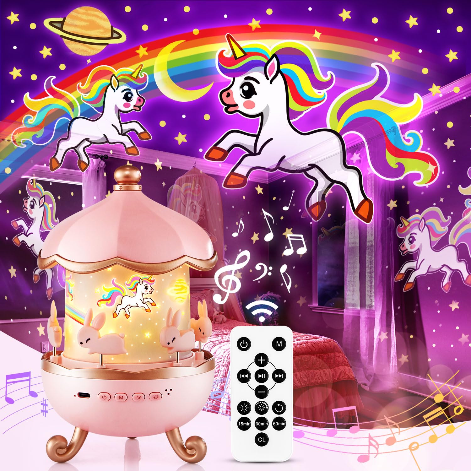 Baby Night Light Kids Night Light Projector Baby Girl Gift, 15 Films+10 White Noise Sensory Lights Christening Gifts for Girls Toys for 1 Year Old Girls, 1200mAh+Remote Unicorn Sensory Toys for Babies