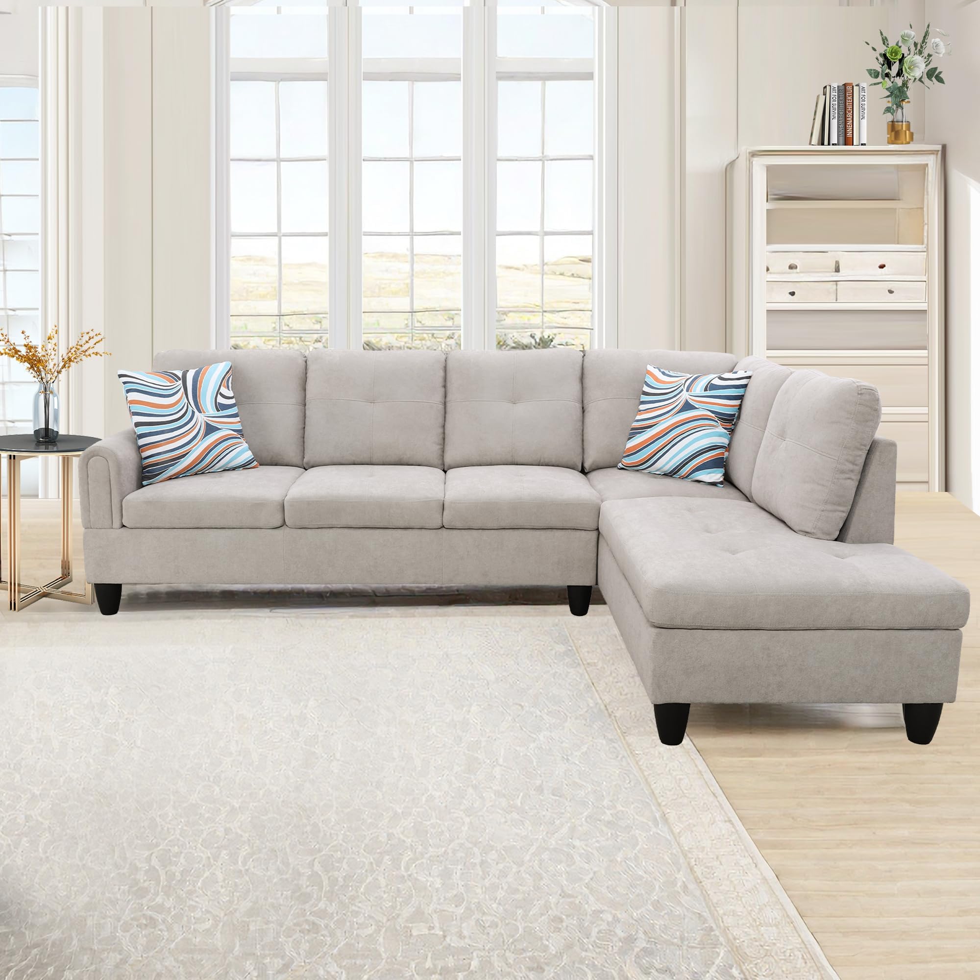 NicBex L Shaped Couch Modular Sectional Sofa Morden Futon Sofa Bed Upholstered Flannel Fabric Living Room Furniture Sets with Chaise and Deep Seat for Living Room and Apartment, Light Grey