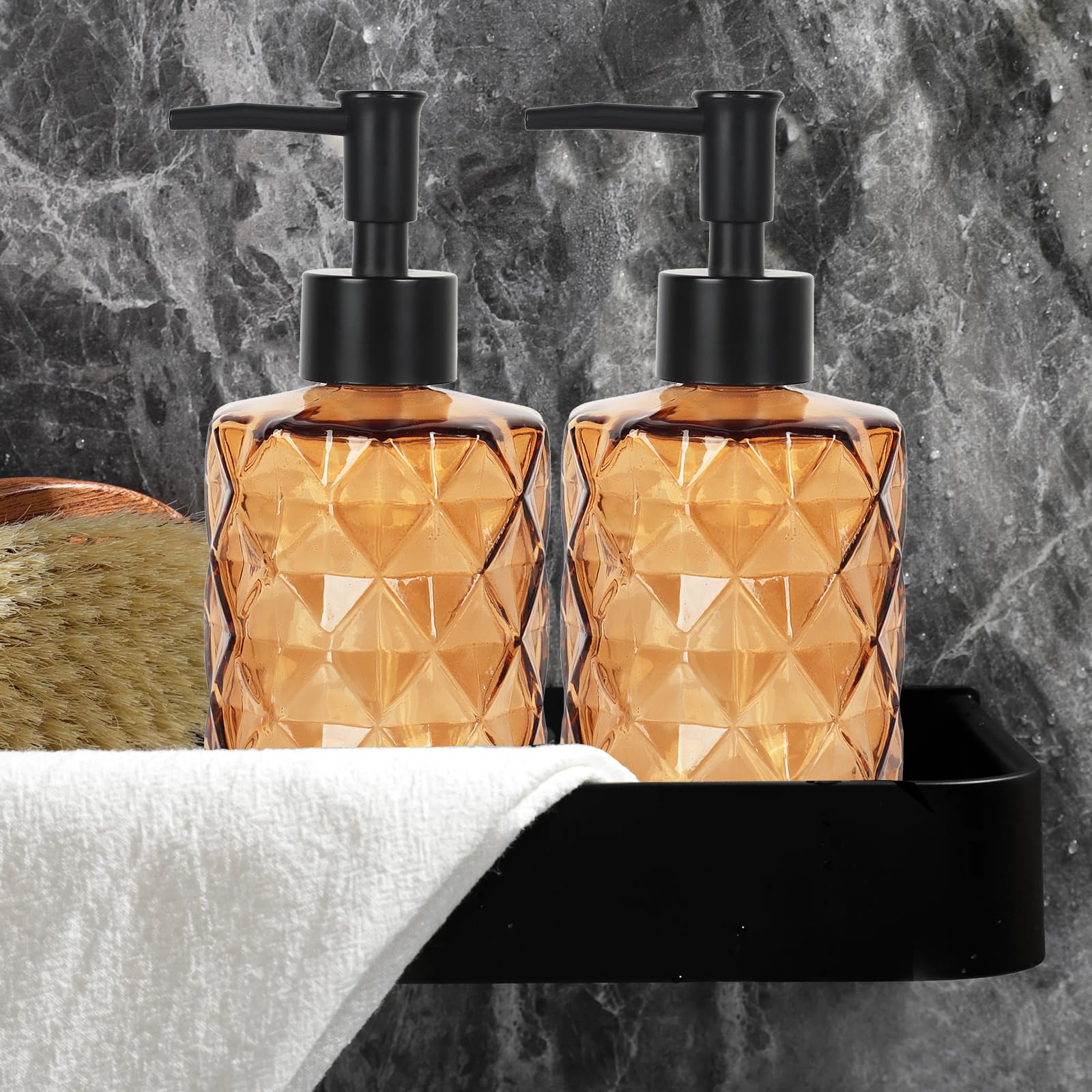 Dispenser di sapone in vetro ambrato, confezione da 2, per bagno, 350 ml, trasparente, per mani e piatti, con pompa, per cucina