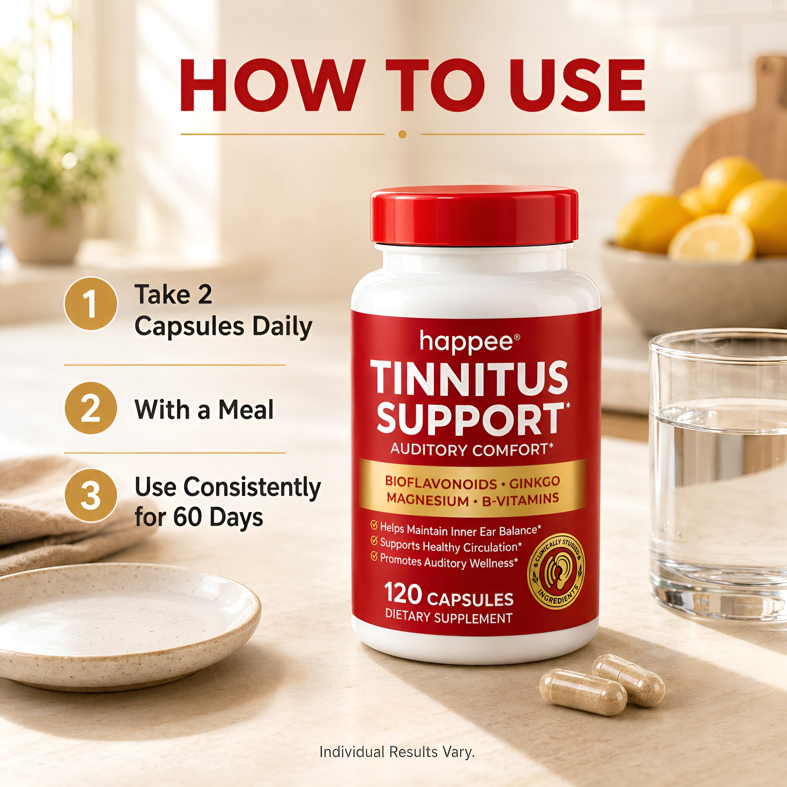 Happee Tinnitus Supplement for Ringing Ears, Bioflavonoids & Ginkgo, 120ct — Amazon image 5