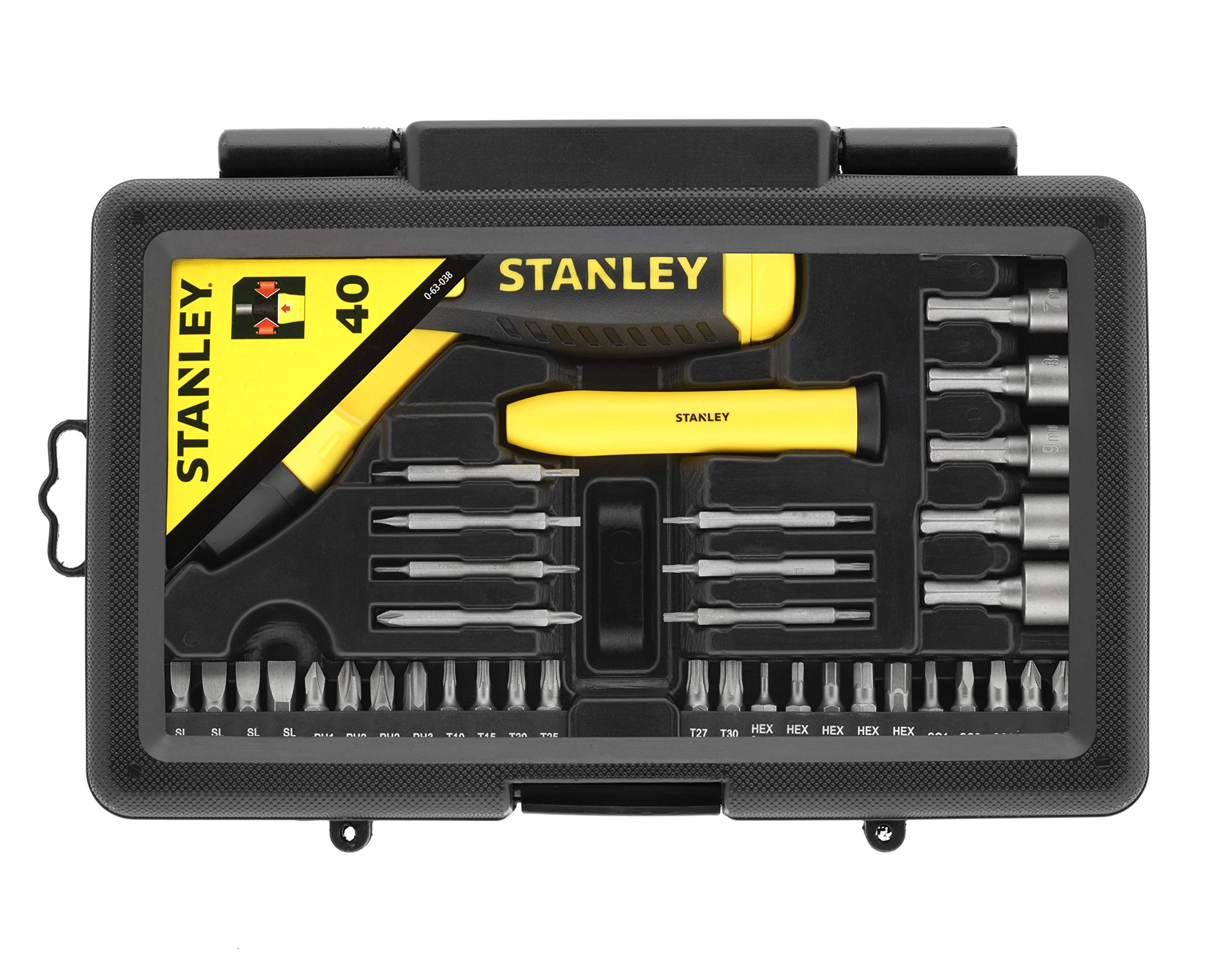 STANLEY Coffret 40 Pièces Tournevis à Cliquet et Accessoires - Cliquet 3 Positions - Réservoir Intégré de 6 Embouts - Tournevis Articulé 3 Positions pour Visser en Tout Confort 0-63-038