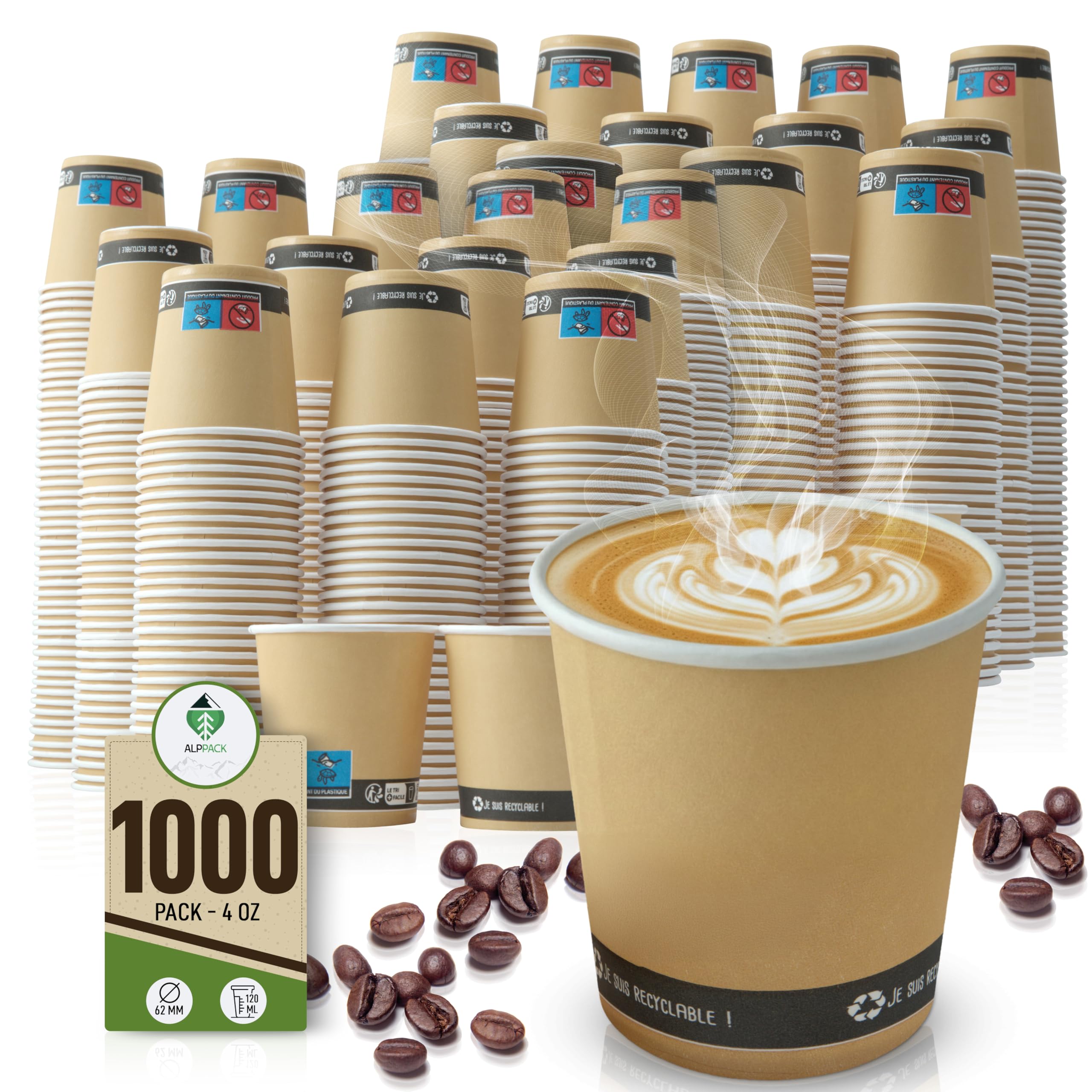 Lot de 1000 Gobelets Jetables en Carton Kraft 4 oz / 12 cl – Tasses à Café Jetables pour Espresso et Café Court, Résistants à la Chaleur, Idéals pour Professionnels, Bureaux et Événements