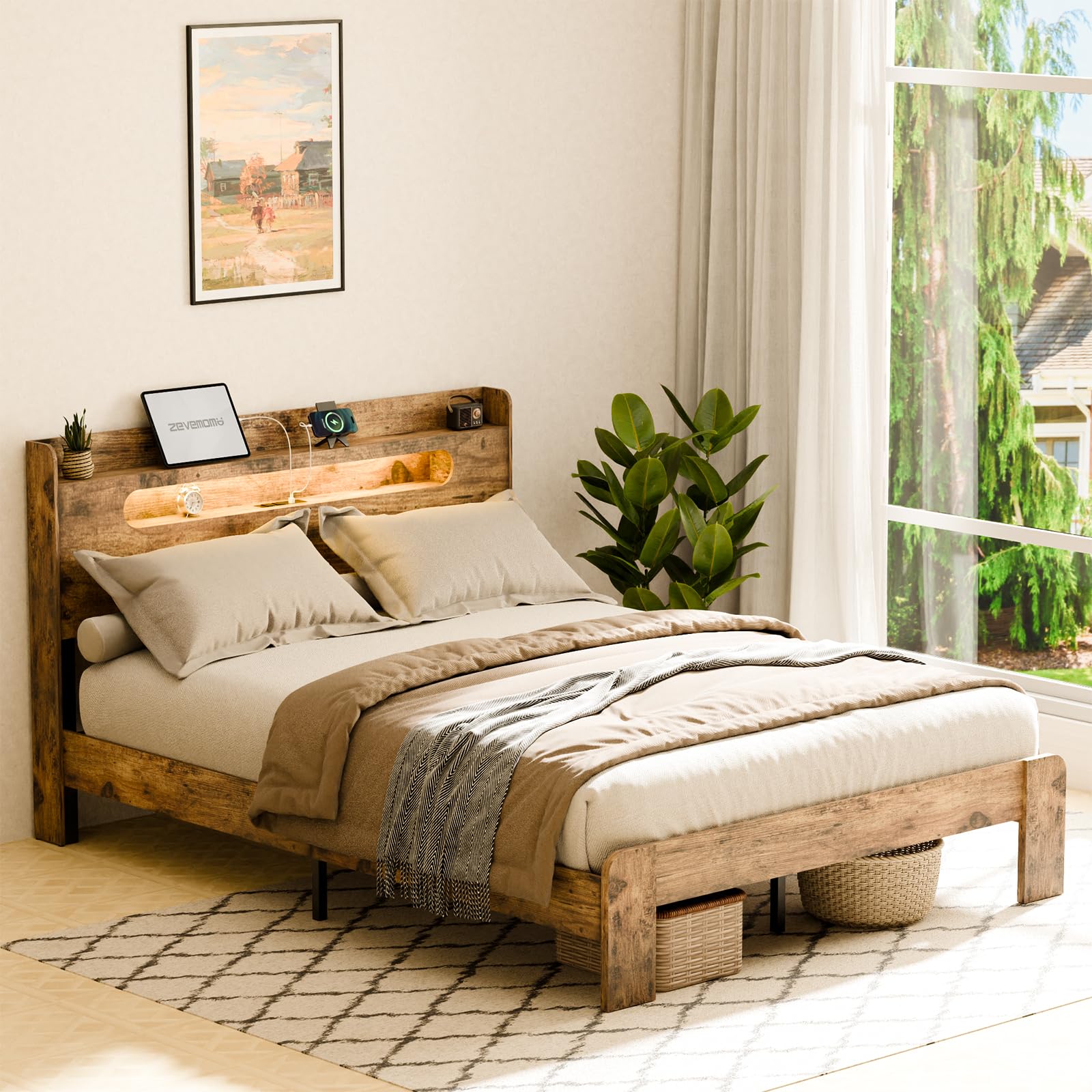 Platform Bed Frame Queen Size, Queen Bed Frame with Headboard, Featuring Charging Station and LED Light Strip, Noise-Free, Rustic Brown(Arc Edge Rectangular Slot)