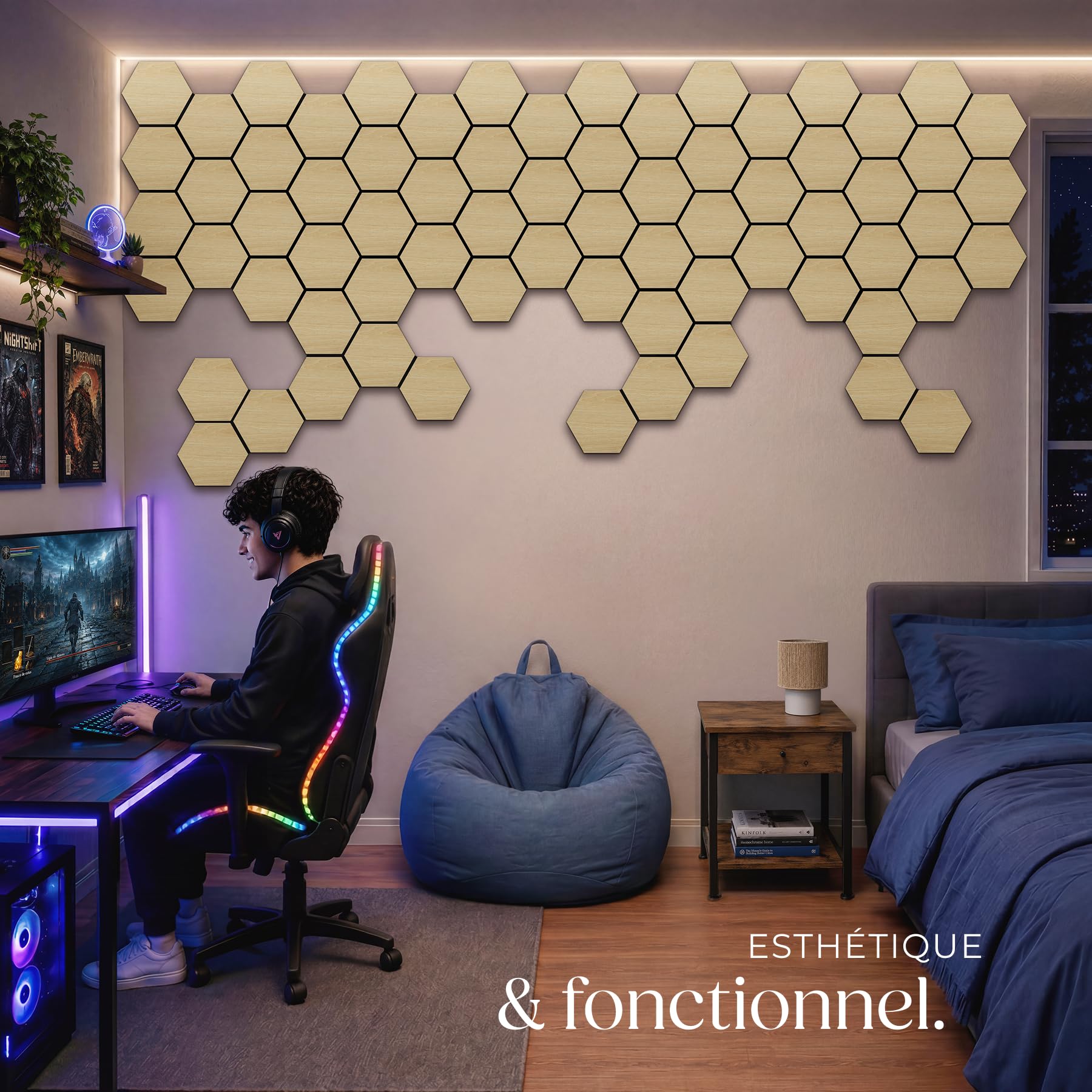 tectake® Panneaux acoustiques 76 x 62 cm, Lot de 8, Aspect Chêne, MDF et Placage en bois véritable, Découpables, Feutre insonorisant, Panneaux isolants phonique, Montage facile - Chêne Clair