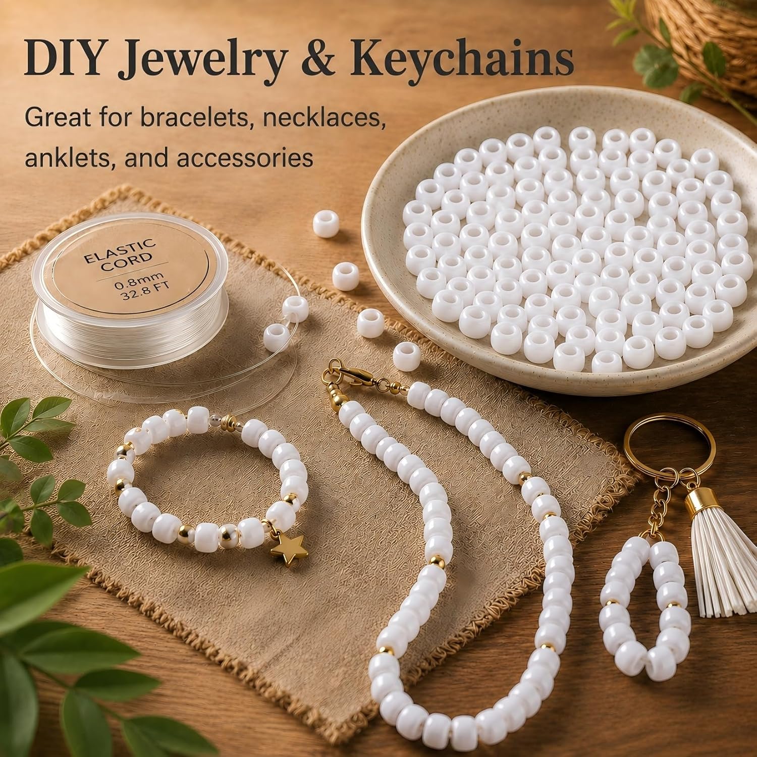 1000+ Pcs Pony Beads - Sukh White Pony Beads Bulk 6x9 mm Hair Beads Plastic Acrylic Braid Bead with Holes for Hair Braiding DIY Crafts Necklace Key Chains