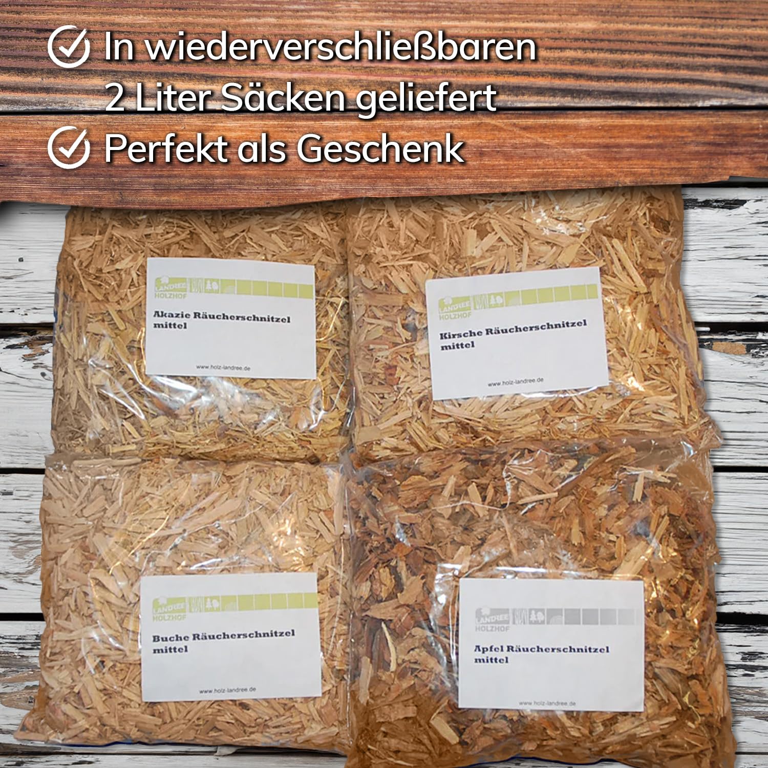 Landree® Starter Set Räucherschnitzel Kirsche, Apfel, Akazie, Buche, 4X 2 Liter für Smoker und Grill direkt vom BBQ-Holzhof
