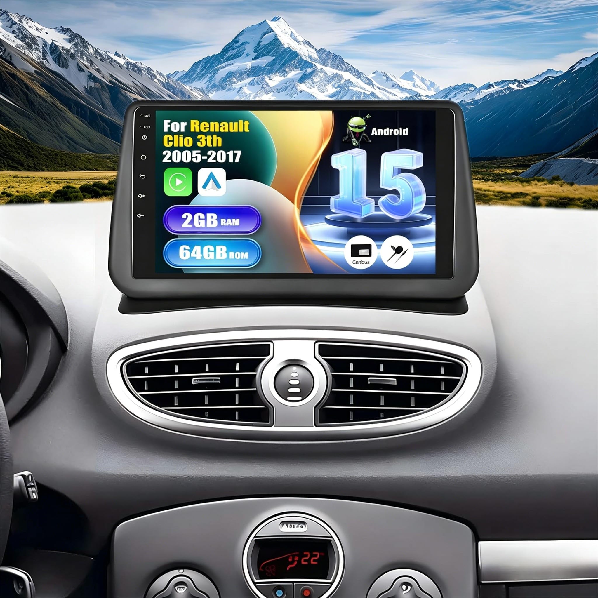 SIXWIN 2 Go+64 Go Android 15 Autoradio pour Renault Clio 3 2005-2017 avec Carplay/Android Auto, Clio 3 Écran Tactile 9'' Voiture avec WiFi GPS Mirror Link Bluetooth FM/RDS EQ Commandes au Volant