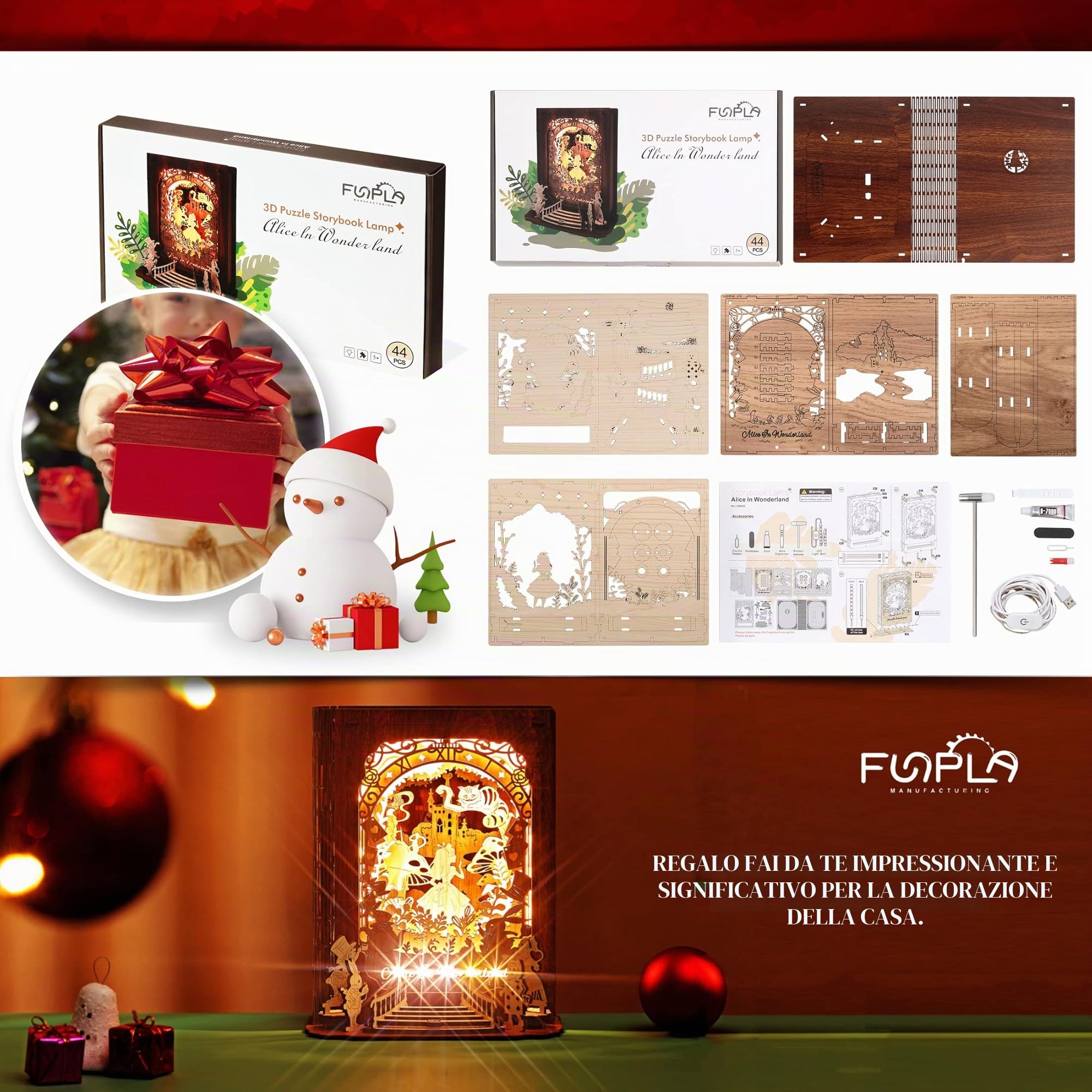 FUNPOLA Alice nel Paese delle Meraviglie Puzzle 3D Luce Notturna – Lampada da Libro LED 3D Fai da Te – Puzzle in Legno 3D Lampada Decorativa per Bambini e Adulti