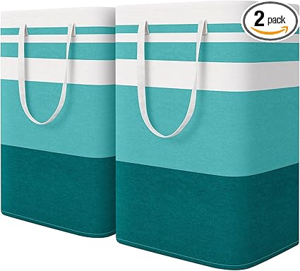 HomeHacks 2-Pack Large Laundry Basket, Waterproof, Freestanding Laundry Hamper, Collapsible Tall Clothes Hamper with Extended Handles for Clothes Toys in the Dorm and Family (Green, 75L)