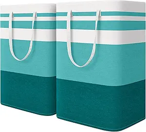 HomeHacks 2-Pack Large Laundry Basket, Waterproof, Freestanding Laundry Hamper, Collapsible Tall Clothes Hamper with Extended Handles for Clothes Toys in the Dorm and Family (Green, 75L)