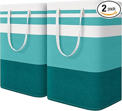 HomeHacks 2-Pack Large Laundry Basket, Waterproof, Freestanding Laundry Hamper, Collapsible Tall Clothes Hamper with Extended Handles for Clothes Toys in the Dorm and Family (Green, 75L)