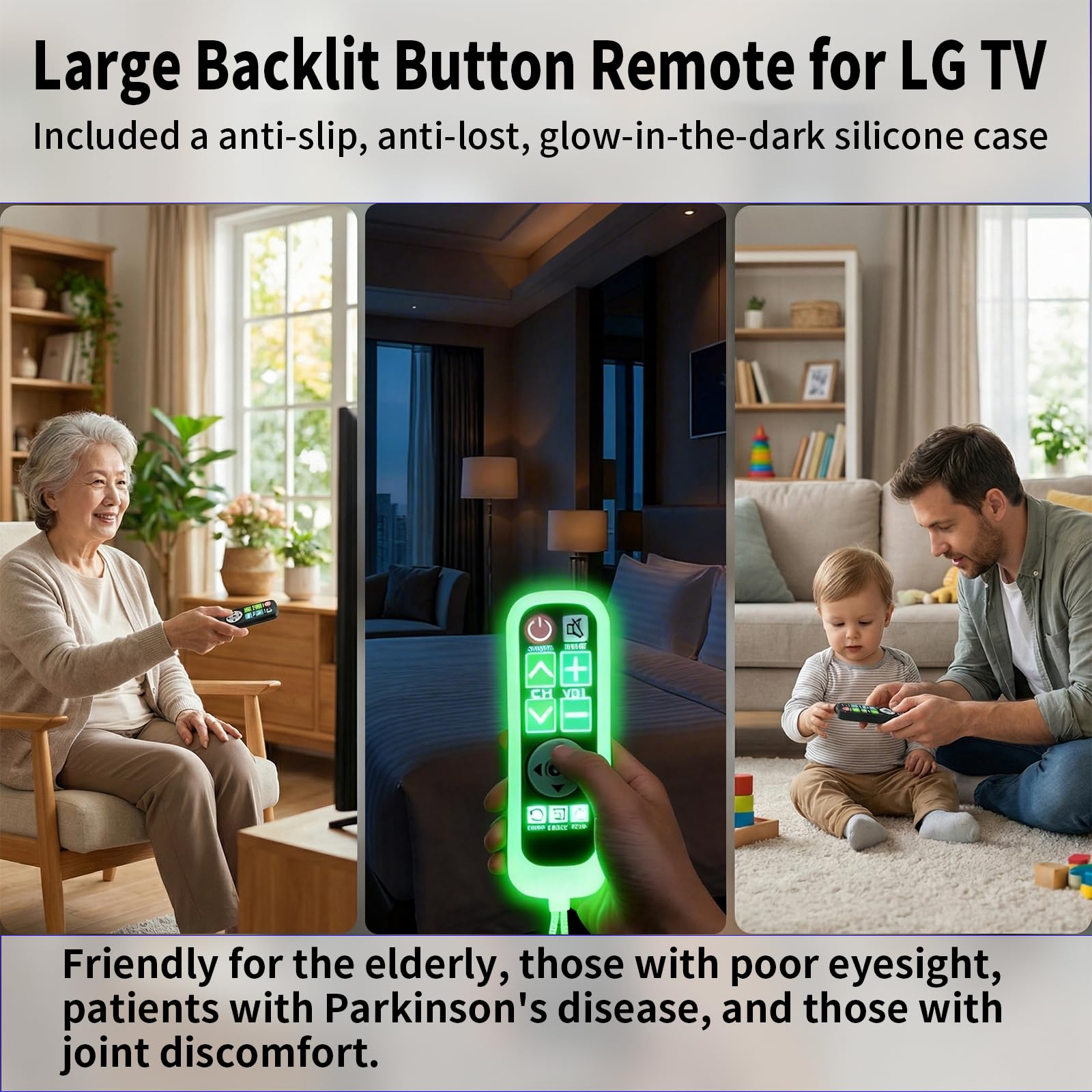 Mando a distancia retroiluminado con botón grande para TV LG con cubierta y gancho, control remoto universal sin configuración para personas mayores con mala visión, pacientes con enfermedad