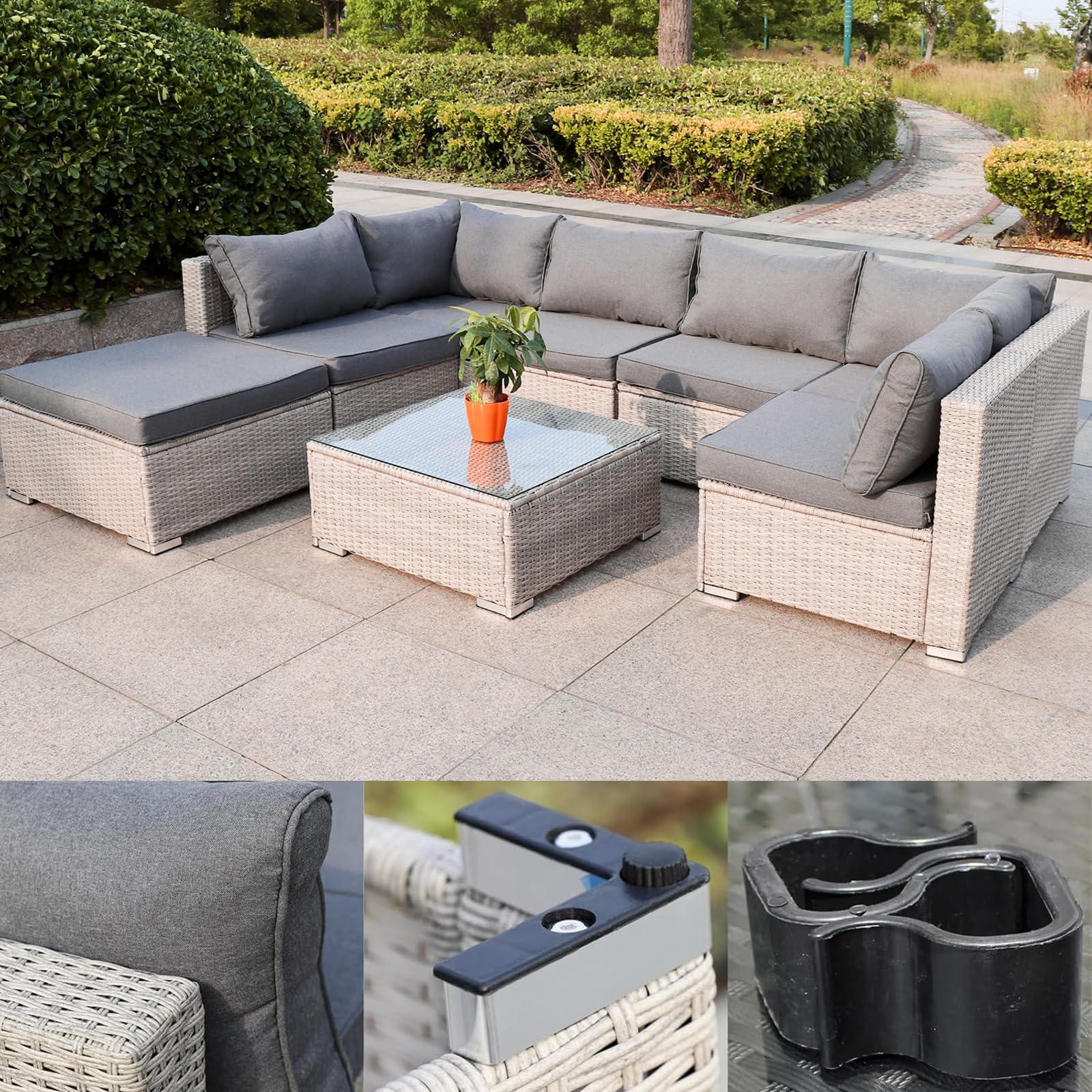 Gartenmöbel Lounge Set| 3-7 Personen viele Modelle| inkl. extra Dicke Kissen | Outdoor Loungemöbel Sitzgruppe Essgruppe Garnitur | Beige/Dunkelgrau