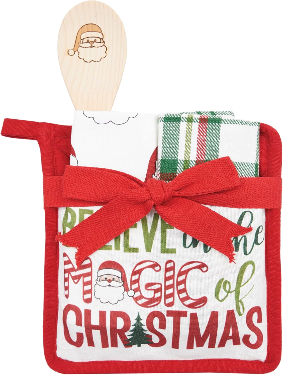 C&F Home Believe in The Magic of Christmas Christmas Santa Claus Potholder Gift Set of 4 Embroidered Pot Holder Printed Kitchen Towel Plaid Kitchen Towel and Mixing Spoon Red