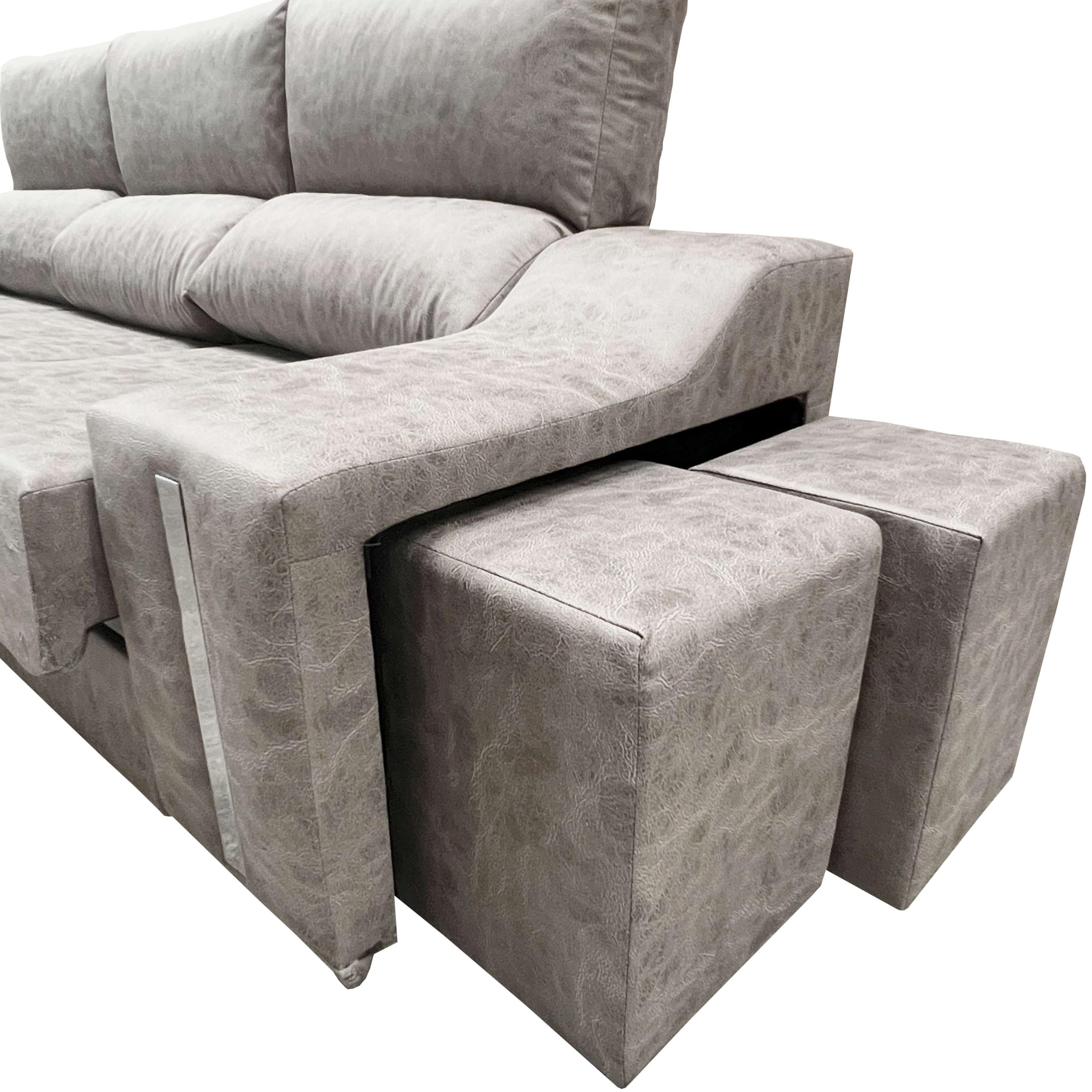 Miroytengo Sofá Chaise Longue Oscar Izquierda 3 Plazas, Arcón, 2 Puffs, Asientos Extensibles Gris Cemento 263 cm