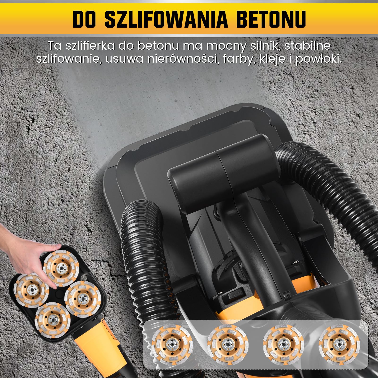 XIIW Szlifierka do posadzek 3800W z 4 tarczami diament. 100mm, 6 biegów | Frezarka do betonu z systemem odpylania suchy/mokry, 6000 RPM – szlifowania, wyrównywania i polerowania kamienia kleju tynku