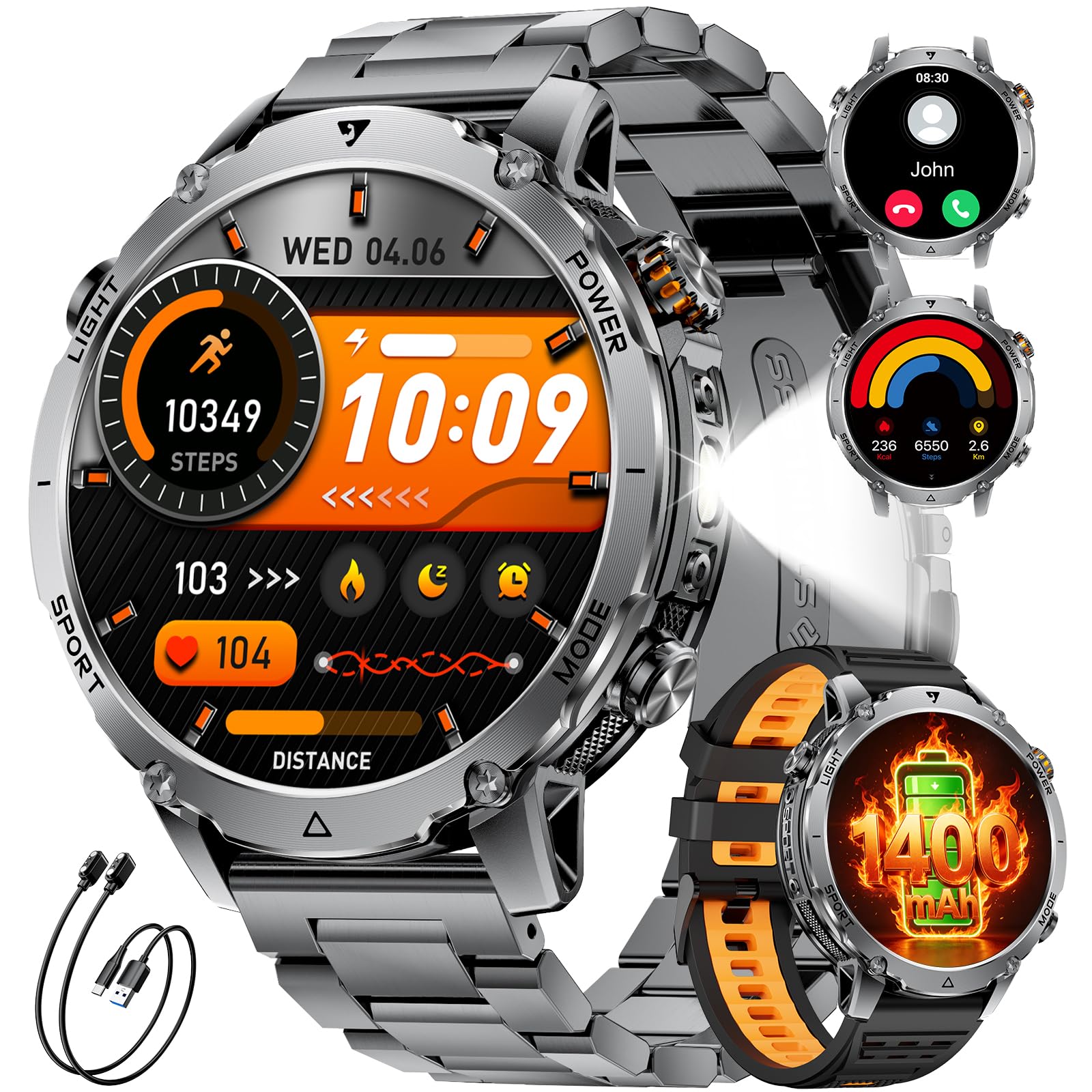 1400mAh Batteria Smartwatch Uomo, 1.7'' Militare Smartwatch con Chiamata Bluetooth,100+ Modalità Sportive,IP68 Orologio Fitness,Cardiofrequenzimetro/Sonno,Torcia LED Orologio per Android iOS,Nero