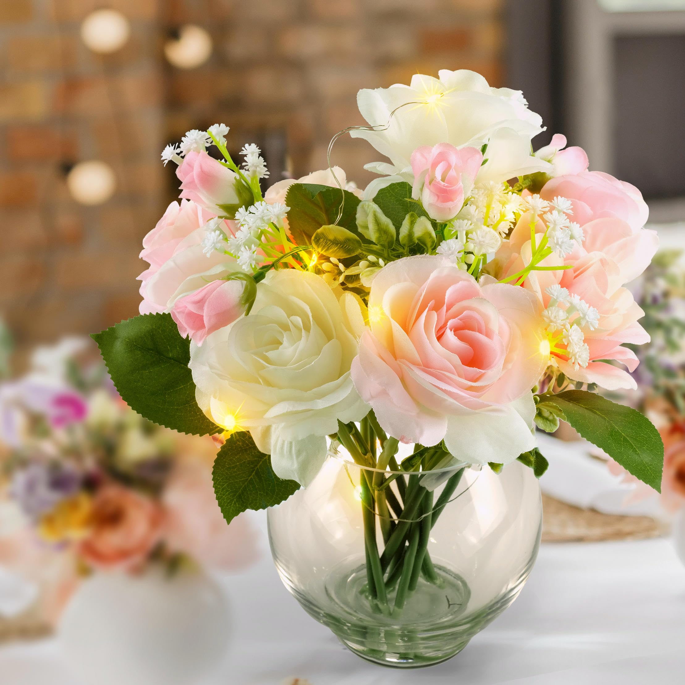 HOSY Artificial Roses in Glass Vase with Faux Water and Fairy Lights, Silk Flower Arrangements for Wedding Table Centerpiece Decoration (Rose) - Image 2